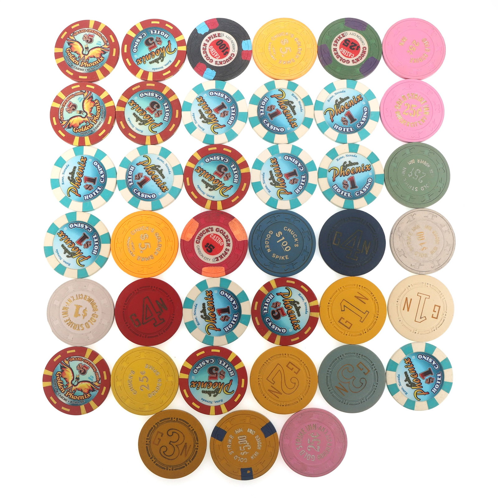 CASINO CHIPS: CASINO CHIPS Casino chips: Chucks Golden Spike (1) 25¢ (1) $1 (3) $5 (1) $25 (1) $100 GN