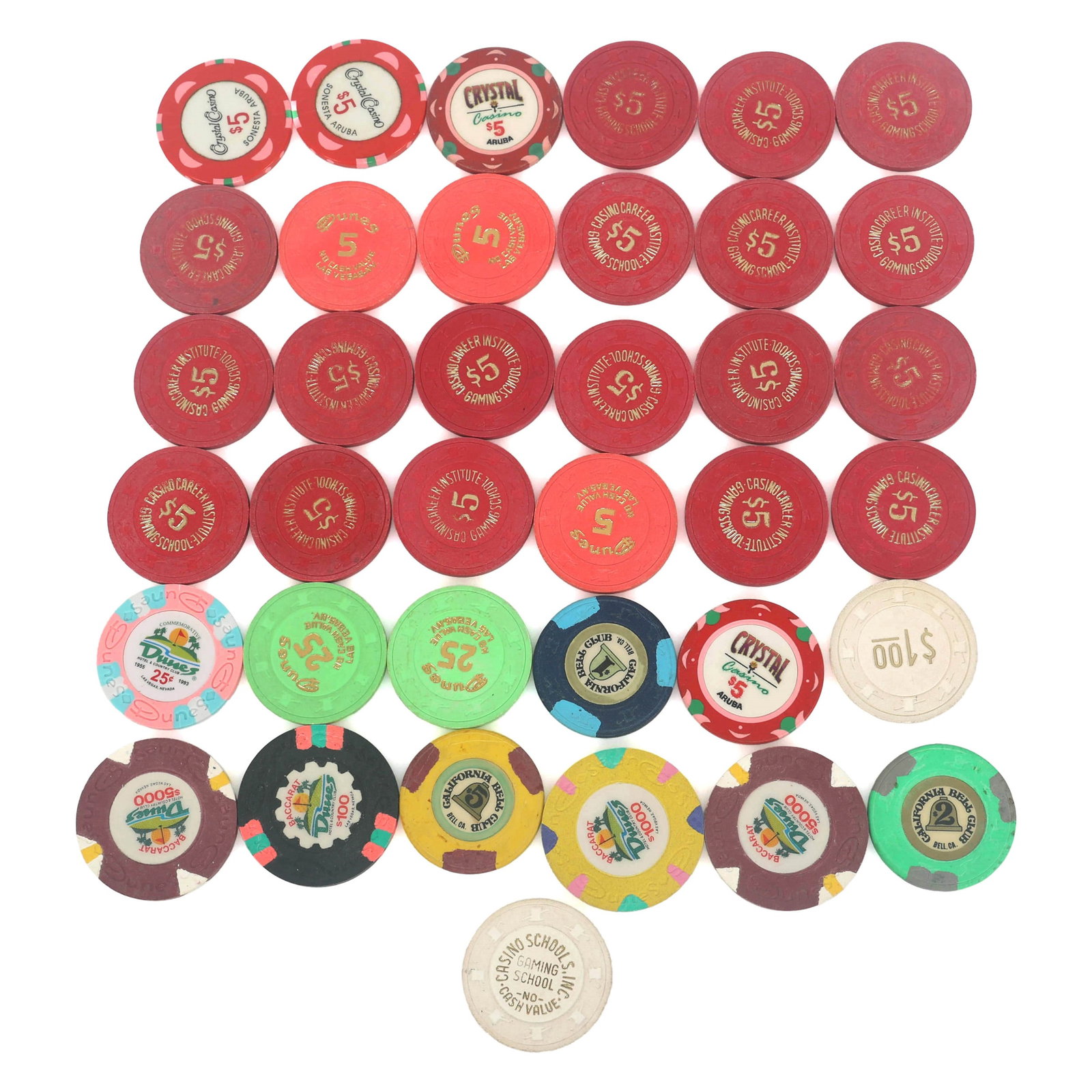 CASINO CHIPS: CASINO CHIPS Casino chips: California Bell Club (1) $1 (1) $2 (1) $5 Casino Career Institute