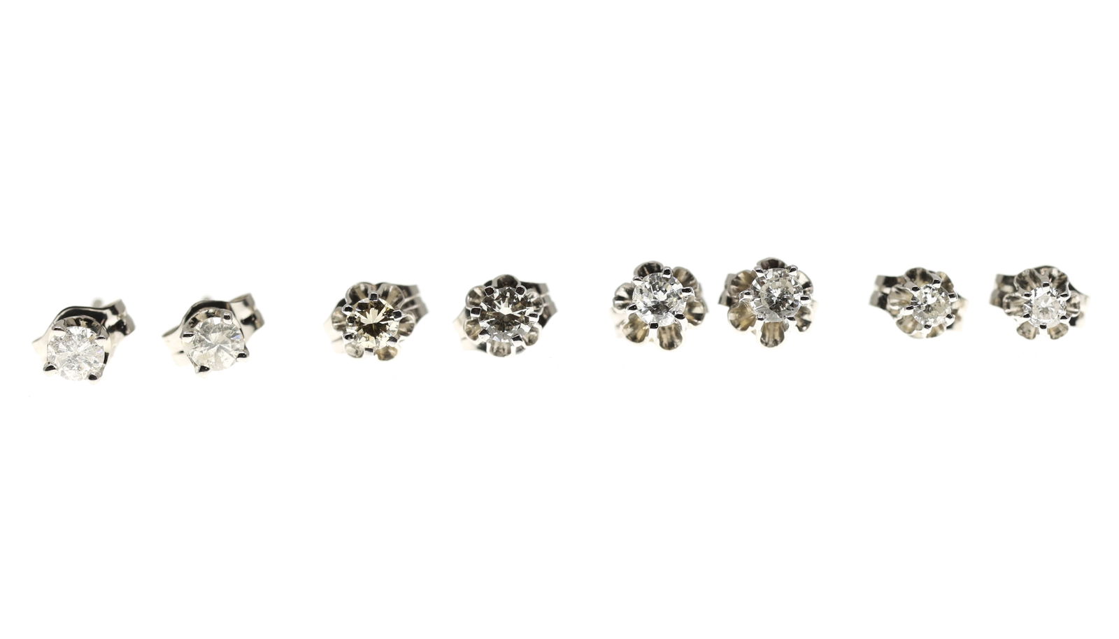 14K WHITE GOLD DIAMOND STUD EARRINGS - 5 PAIRS: 14K WHITE GOLD DIAMOND STUD EARRINGS - 5 PAIRS Five pairs of 14K white gold, round white diamond, stud earrings: (2) Pairs with 0.12 ctw each (3) Pairs with 0.22 ctw each Weight: