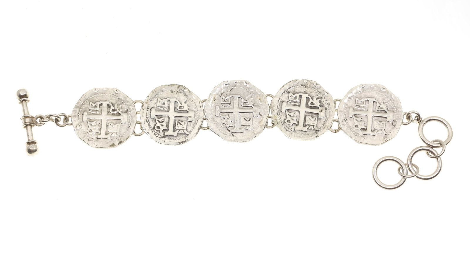 SHIPWRECK COIN REPLICA BRACELET: SHIPWRECK COIN REPLICA BRACELET Shipwreck coin replica bracelet Size: 7.25" Weight: 53g
