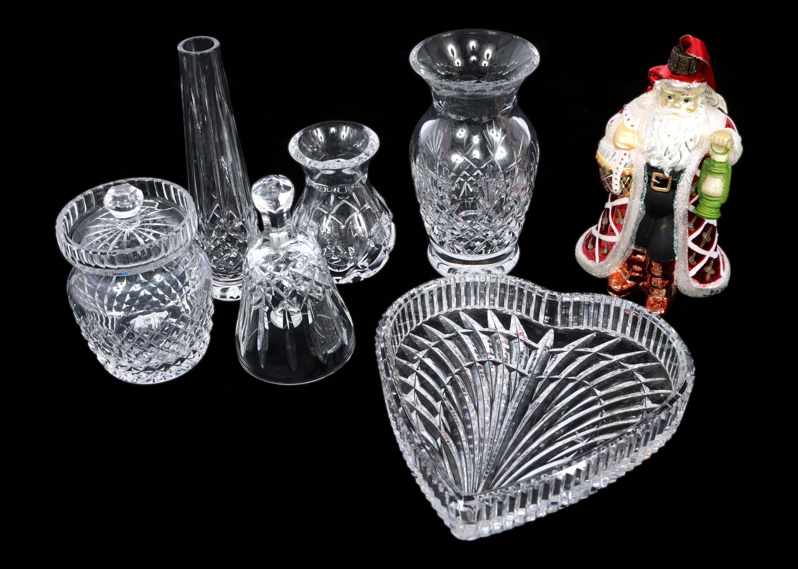 WATERFORD CRYSTAL VASES, JAR, TRAY, & SANTA ORNAMENT (1 of 7)