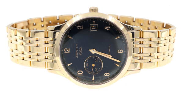 MEN'S ZENITH ELITE AUTOMATIC 18K GOLD WRISTWATCH: MEN'S ZENITH ELITE AUTOMATIC 18K GOLD WRISTWATCH Men's Zenith Elite 18K yellow gold band and case: Arabic numerals and carrot markers Automatic movement 26 jewels Se