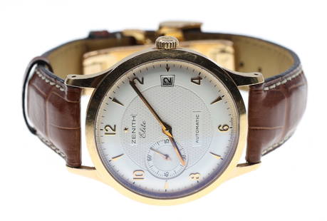 MEN'S ZENITH ELITE 18K GOLD CASE AUTOMATIC WRISTWATCH: MEN'S ZENITH ELITE 18K GOLD CASE AUTOMATIC WRISTWATCH Men's Zenith Elite 18K gold (case and clasp) wristwatch: Arabic numerals and carrot markers Automatic movement