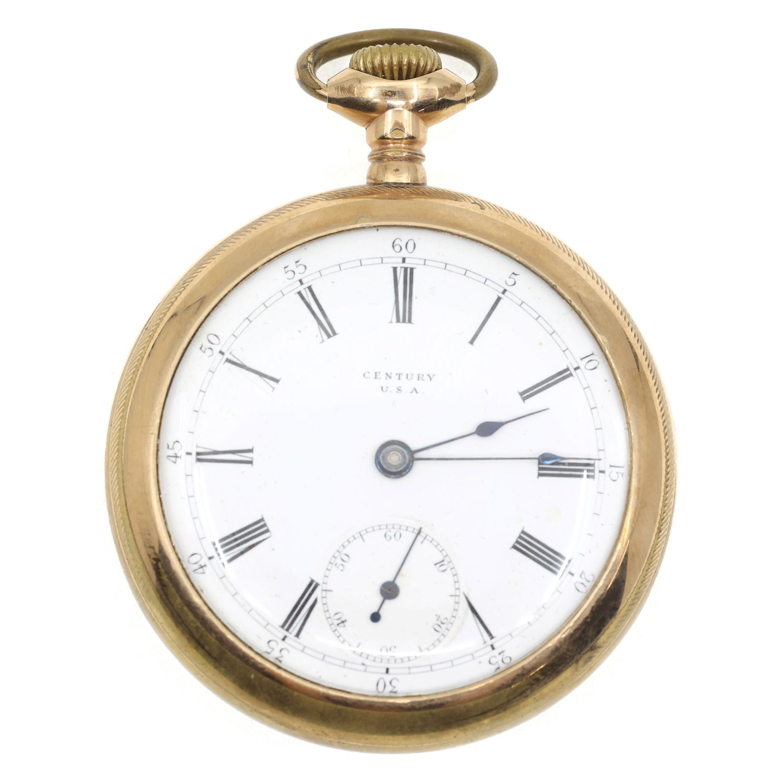 MEN'S CENTURY GOLD FILLED CASE POCKET WATCH: MEN'S CENTURY GOLD FILLED CASE POCKET WATCH Men's Century gold filled case pocket watch: Open face Roman numerals Case #: 6049550 Late 19th century