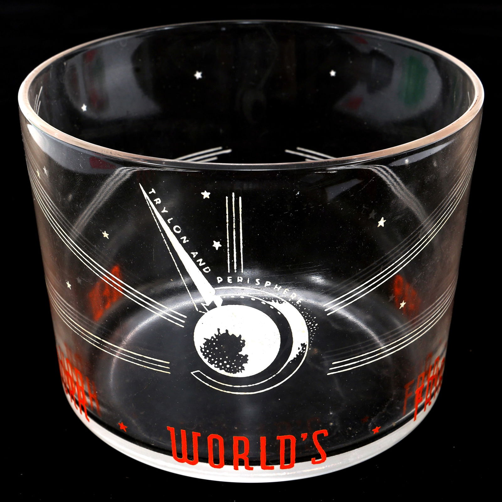 NEW YORK WORLD'S FAIR 1939 GLASS ICE BUCKET: NEW YORK WORLD'S FAIR 1939 GLASS ICE BUCKET 1939 New York World's Fair glass ice bucket Size: 5.5" x 4.25"