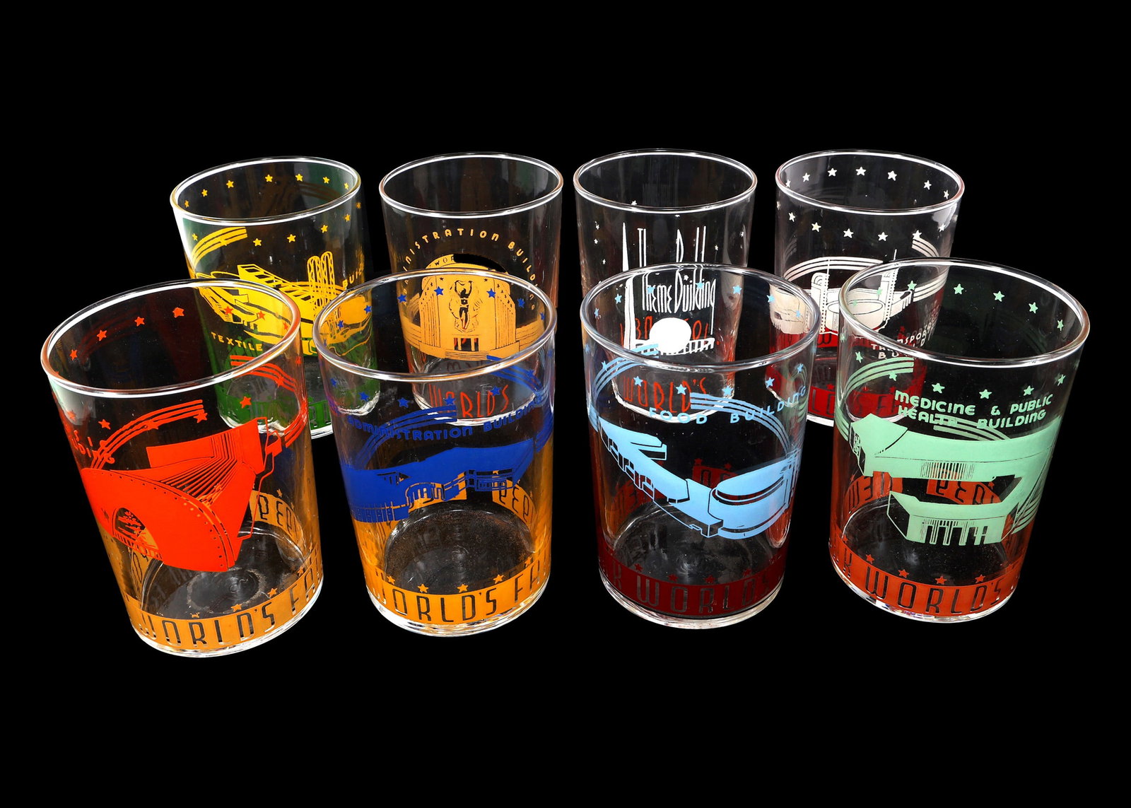 NEW YORK WORLD'S FAIR 1939 LIBBEY ROCKS GLASSES: NEW YORK WORLD'S FAIR 1939 LIBBEY ROCKS GLASSES 1939 New York World's Fair Libbey Glass Co. souvenir rocks glasses. (8) Size: 2.75" X 3.75"