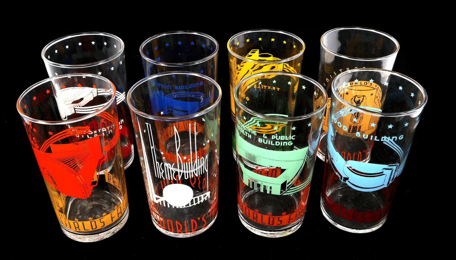 NEW YORK WORLD'S FAIR 1939 LIBBEY SOUVENIR TUMBLERS: NEW YORK WORLD'S FAIR 1939 LIBBEY SOUVENIR TUMBLERS 1939 New York World's Fair Libbey Glass Co. souvenir glass tumblers. (8) Size: 2.5" x 4.75"