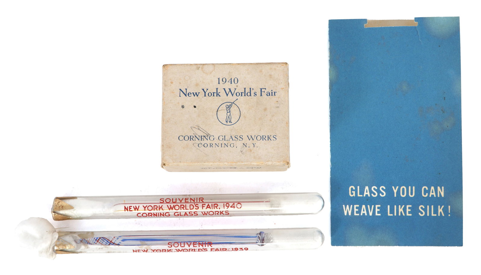 NEW YORK WORLD'S FAIR 1939 GLASS NOVELTY SOUVENIRS: NEW YORK WORLD'S FAIR 1939 GLASS NOVELTY SOUVENIRS 1939 New York World's Fair Glass Novelty Souvenirs from Corning Glass Works Elephant figure Fiberglass ribbon bookmark 2 glass dip pens in
