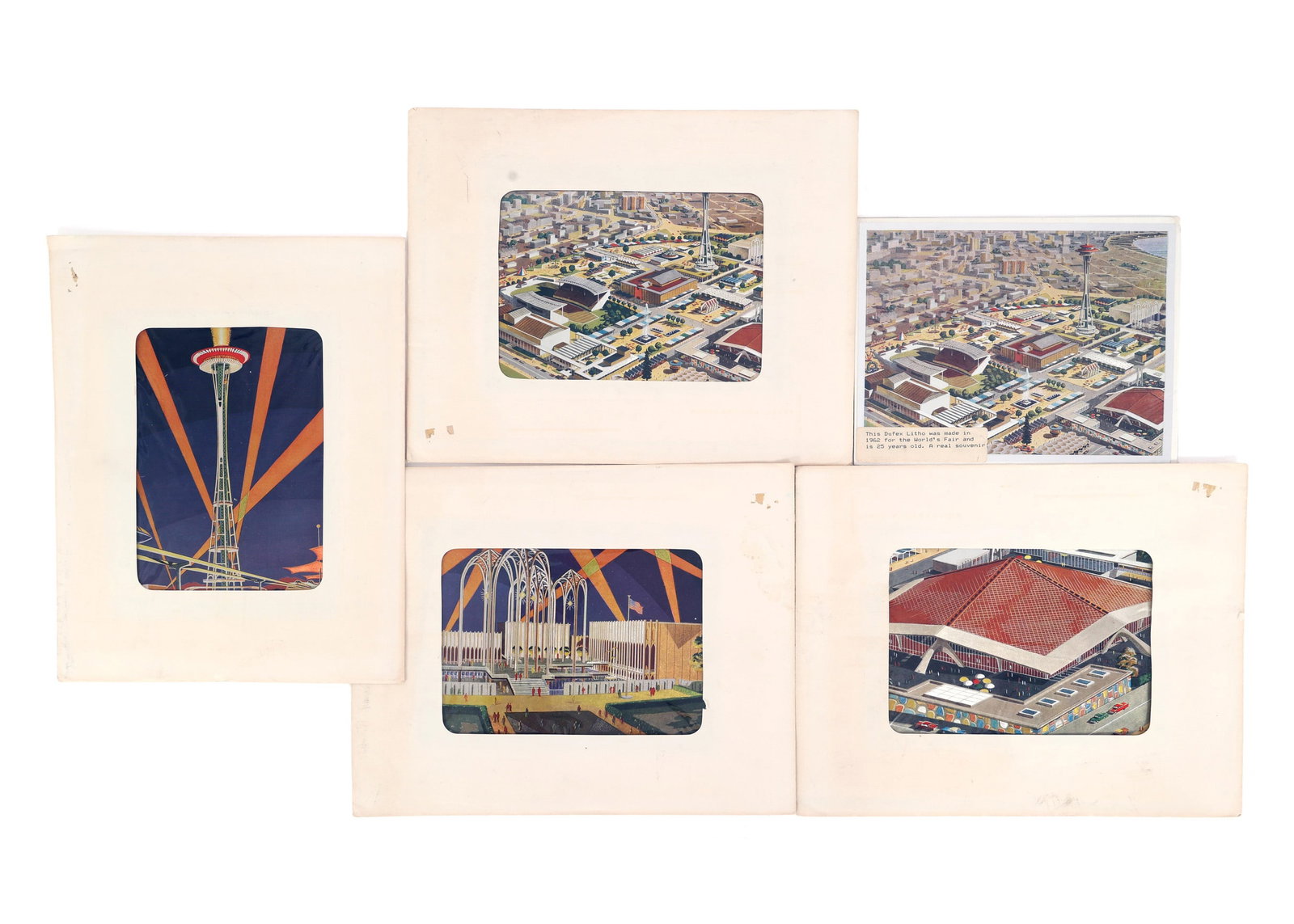SEATTLE WORLD'S FAIR 1962 DUFEX LITHOGRAPHS: SEATTLE WORLD'S FAIR 1962 DUFEX LITHOGRAPHS 1962 Seattle World's Fair Dufex lithographs, in original envelopes: Space needle (12" x 9.5") Coliseum (12" x 9.5") Science pavilion (12" x 9.5")<