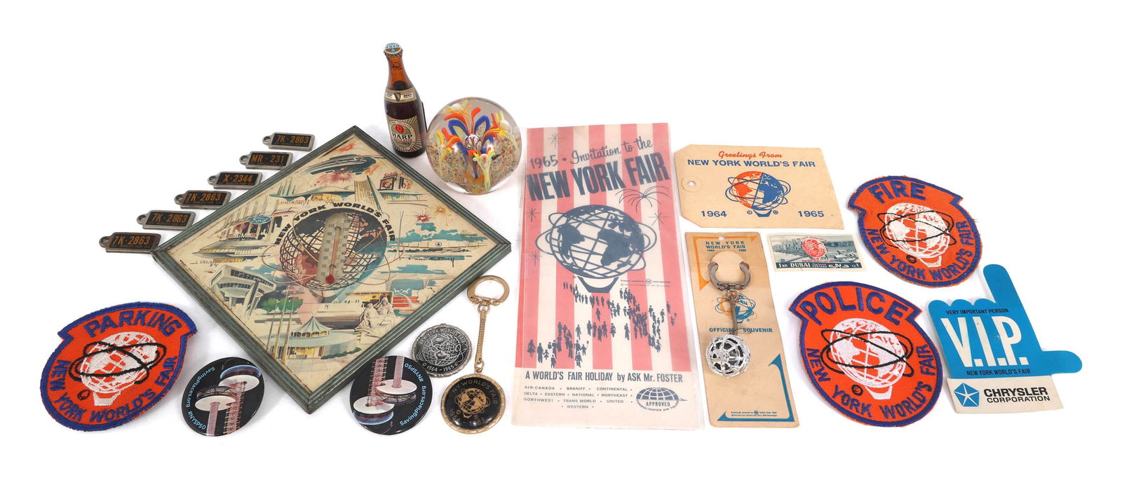 NEW YORK WORLD'S FAIR 1964 SOUVENIRS & EPHEMERA: NEW YORK WORLD'S FAIR 1964 SOUVENIRS & EPHEMERA 1964-65 New York World's Fair souvenirs & ephemera: Invitation to World's Fair Brochure (8.)75" x 4") Dubai World's Fair postage stamp 