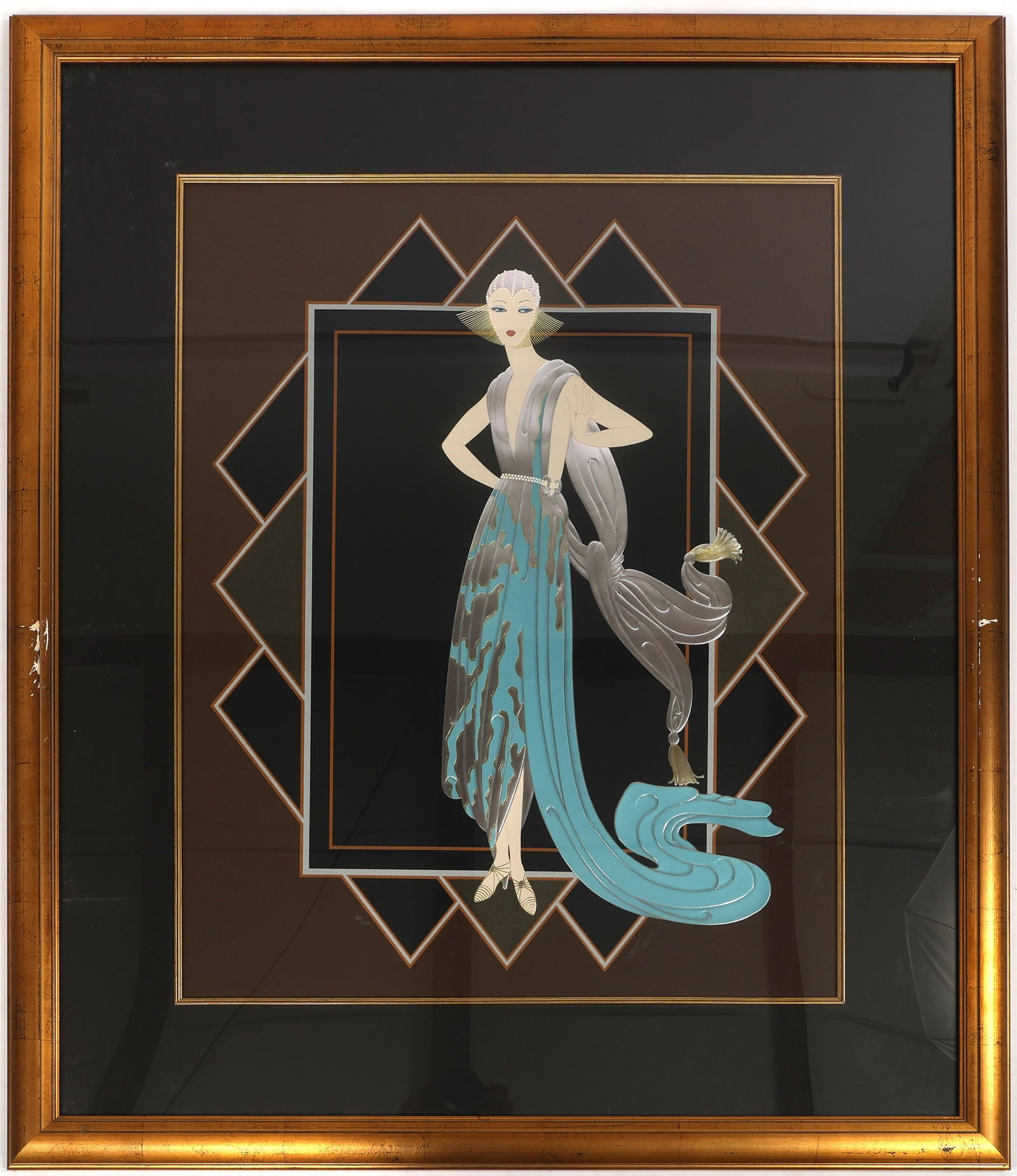 ERTE 'CALIFORNIA' MILLIONAIRESS SERIGRAPH #160/300: ERTE 'CALIFORNIA' MILLIONAIRESS SERIGRAPH #160/300 Erté (Russian-French, 1892-1990) serigraph, titled "California (Turquoise Dress" from the American Millionairess Revisited Suite. #160/30