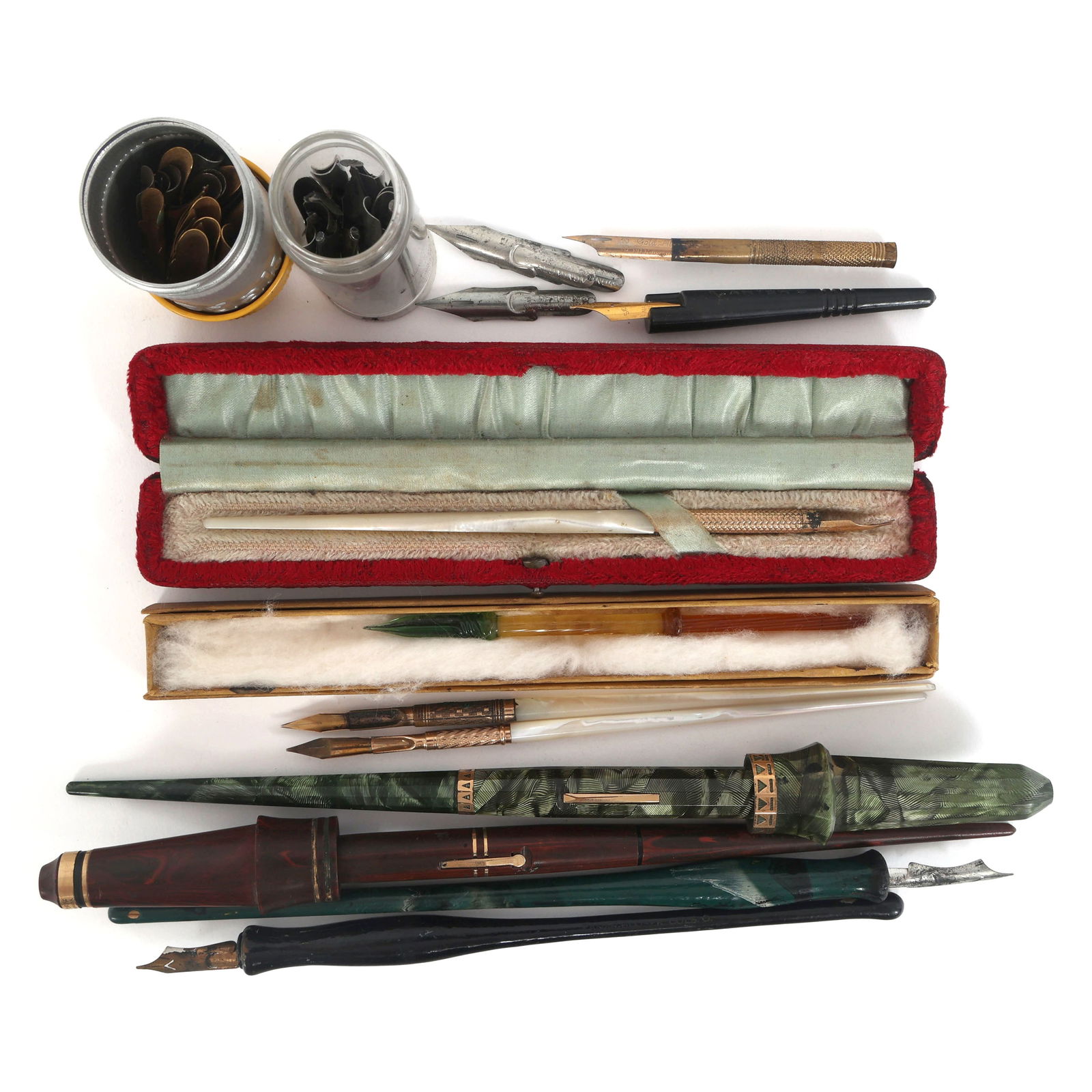 STRAIGHT DIP CALLIGRAPHY PENS & NIBS: STRAIGHT DIP CALLIGRAPHY PENS & NIBS Straight dip calligraphy pens & nibs: (2) Weidlich, with 14K nibs Norton & Sons Roberts Pen Co.