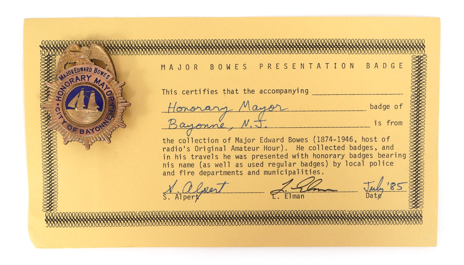 MAJOR BOWES AMATEUR HOUR BAYONNE, NJ HON. MAYOR BADGE: MAJOR BOWES AMATEUR HOUR BAYONNE, NJ HON. MAYOR BADGE Commemorative Presentation badge for Honorary Mayor of Bayonne, New Jersey, named to Major Edward Bowes. Unmarked on reverse. Provenance: From the