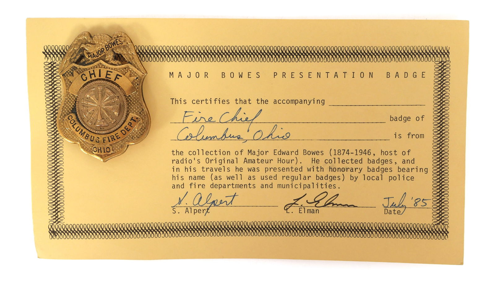 MAJOR BOWES AMATEUR HOUR COLUMBUS OH FIRE CHIEF BADGE (1 of 4)