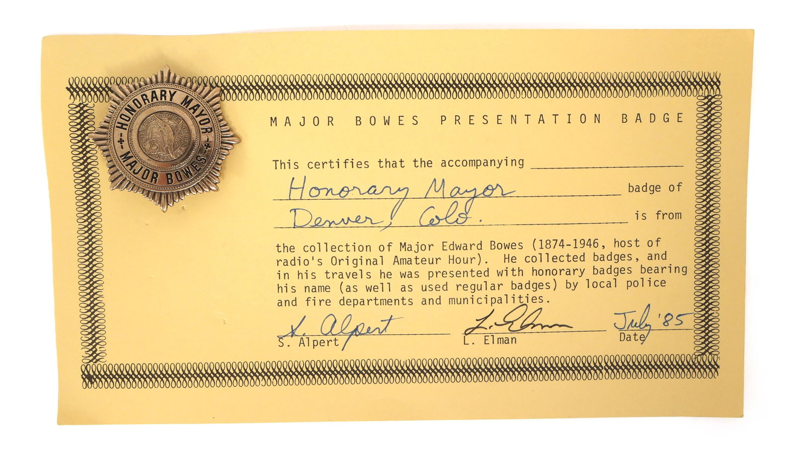 MAJOR BOWES AMATEUR HOUR DENVER, CO HON. MAYOR BADGE (1 of 4)