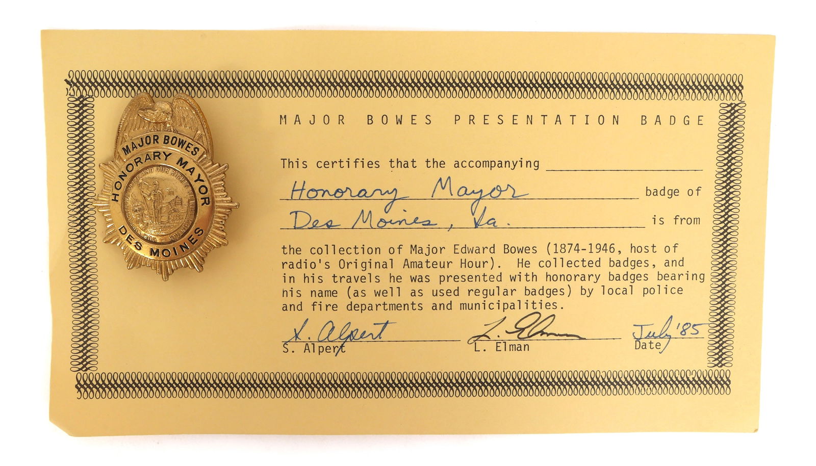 MAJOR BOWES AMATEUR HOUR DES MOINES IA HON. MAYOR BADGE (1 of 4)