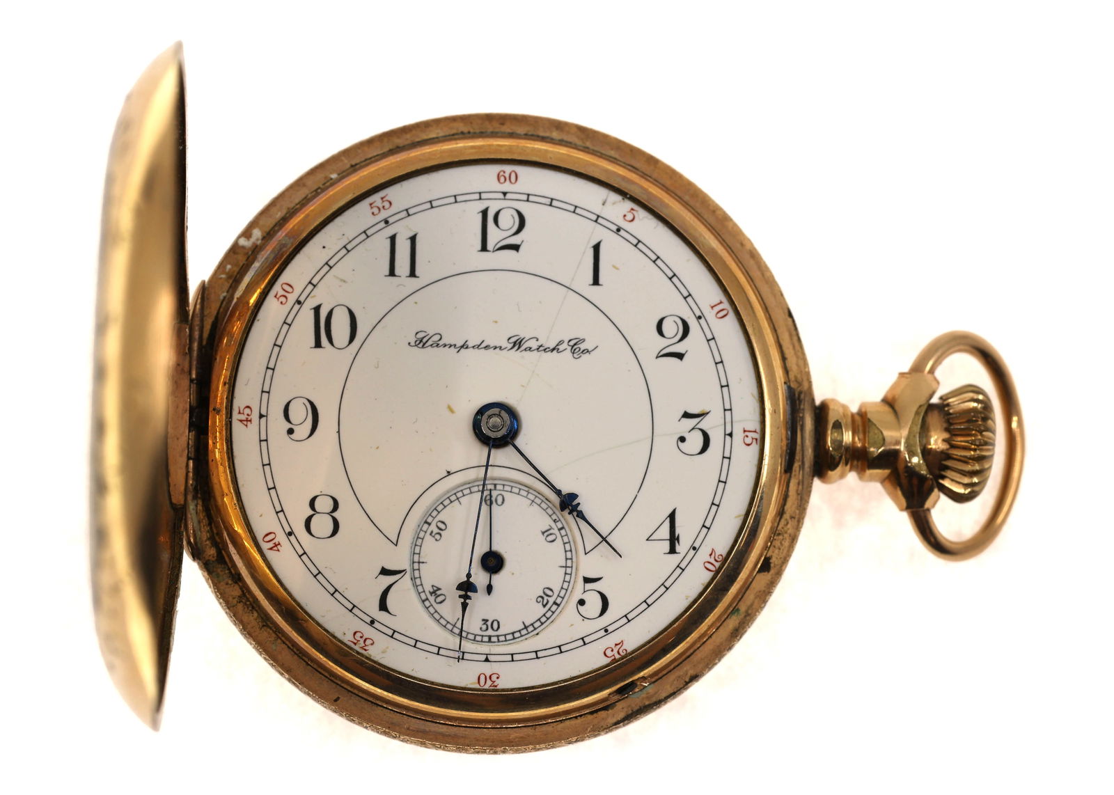 MEN'S HAMPDEN GOLD-FILLED HUNTER'S CASE POCKET WATCH: MEN'S HAMPDEN GOLD-FILLED HUNTER'S CASE POCKET WATCH Men's Hampden Watch Co. gold-filled hunter's case pocket watch: Arabic numerals Movement/Serial #: 1644742 17 jewe