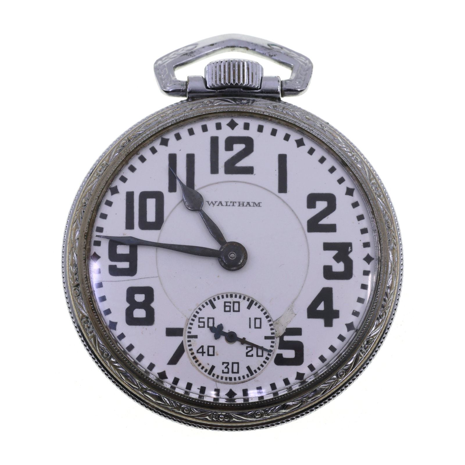 MEN'S WALTHAM NICKEL CASE RAILROAD GRADE POCKET WATCH: MEN'S WALTHAM NICKEL CASE RAILROAD GRADE POCKET WATCH Men's Waltham nickel case railroad grade pocket watch: Open face Arabic numerals Movement/Serial #: 26846962