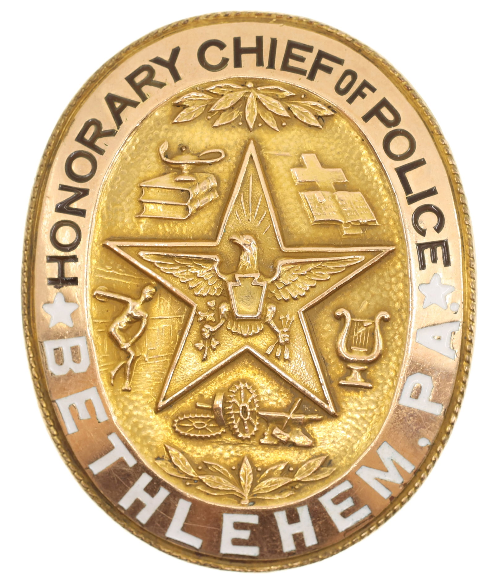 MAJOR BOWES AMATEUR HOUR BETHLEHEM POLICE CHIEF BADGE: MAJOR BOWES AMATEUR HOUR BETHLEHEM POLICE CHIEF BADGE Commemorative Presentation badge for Bethlehem, PA, honorary Chief of Police, named to Major Edward Bowes and engraved on the reverse. Provenance: