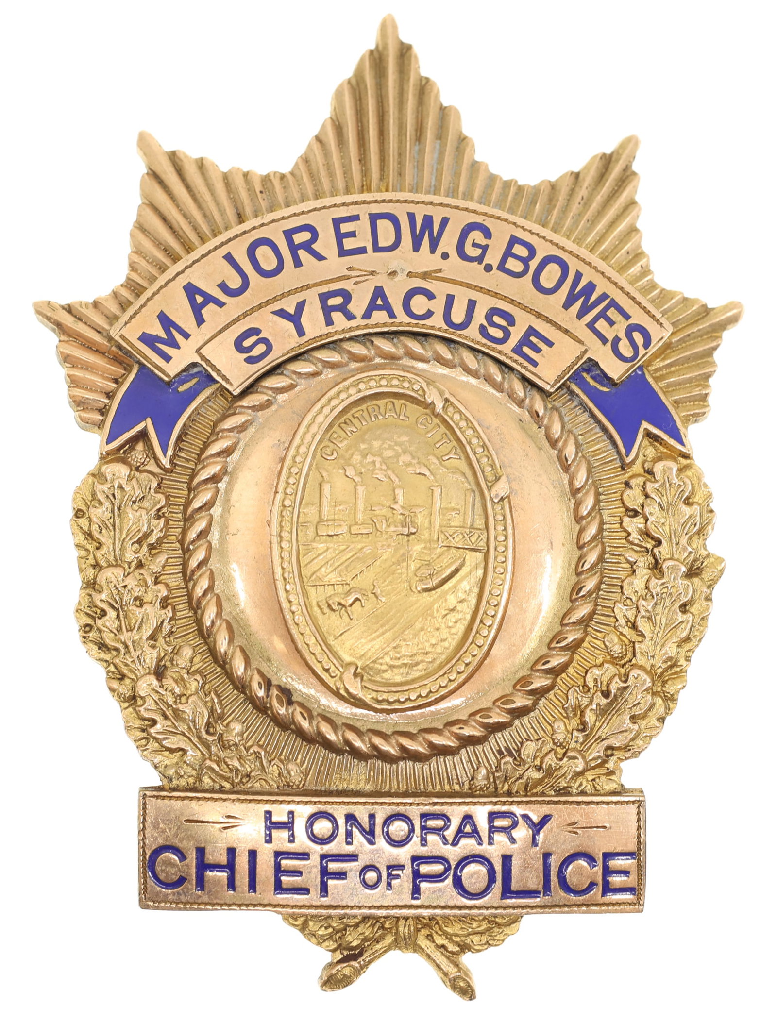 MAJOR BOWES AMATEUR HOUR SYRACUSE NY POLICE CHIEF BADGE: MAJOR BOWES AMATEUR HOUR SYRACUSE NY POLICE CHIEF BADGE Commemorative Presentation badge for Syracuse, NY, honorary chief of police, named to Major Edward Bowes. Unmarked to reverse. Provenance: From 