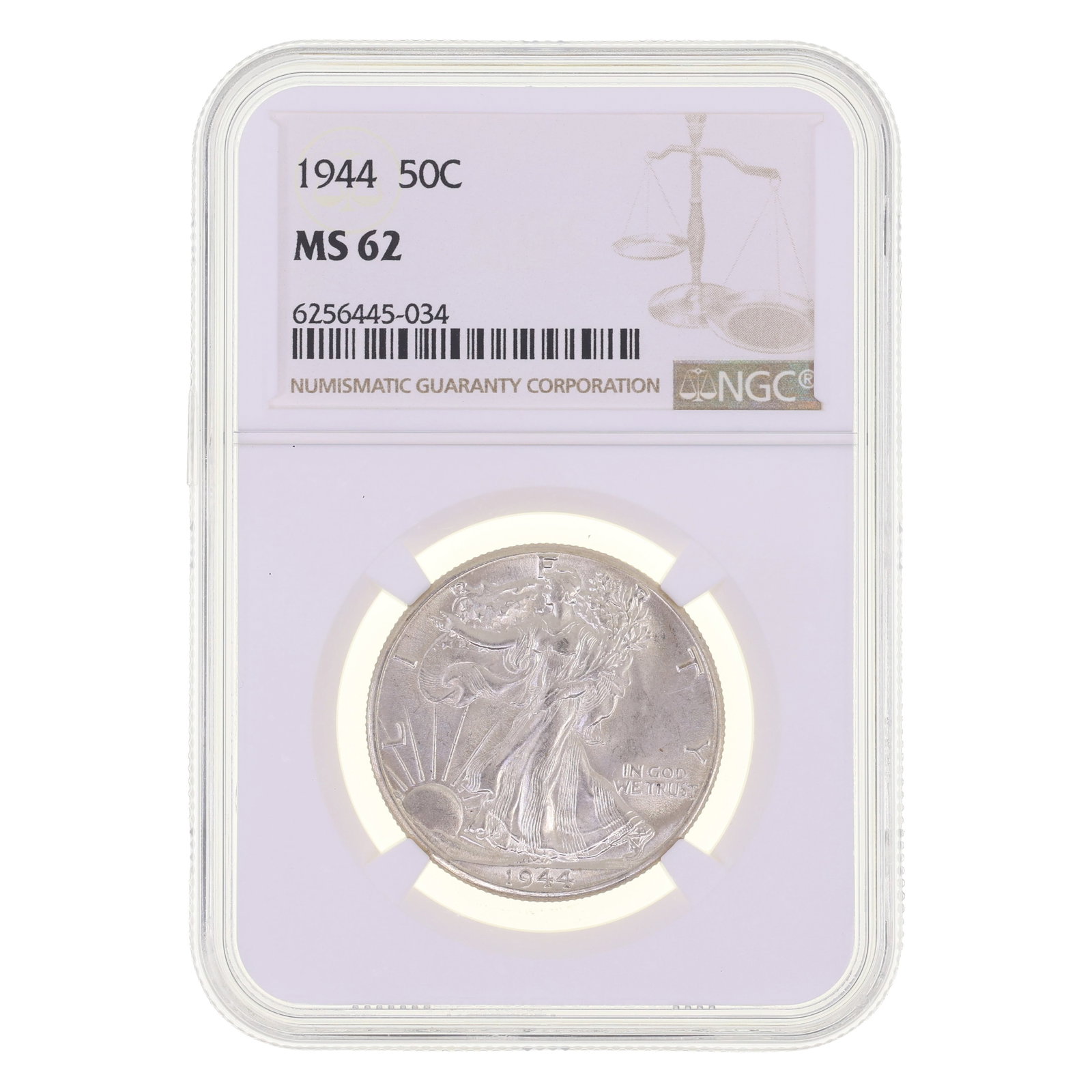 1944 US SILVER WALKING LIBERTY 50C COIN NGC MS 62: 1944 US SILVER WALKING LIBERTY 50C COIN NGC MS 62 NGC graded 1944 United States .900 silver Walking Liberty half dollar 50c coin, MS 62.