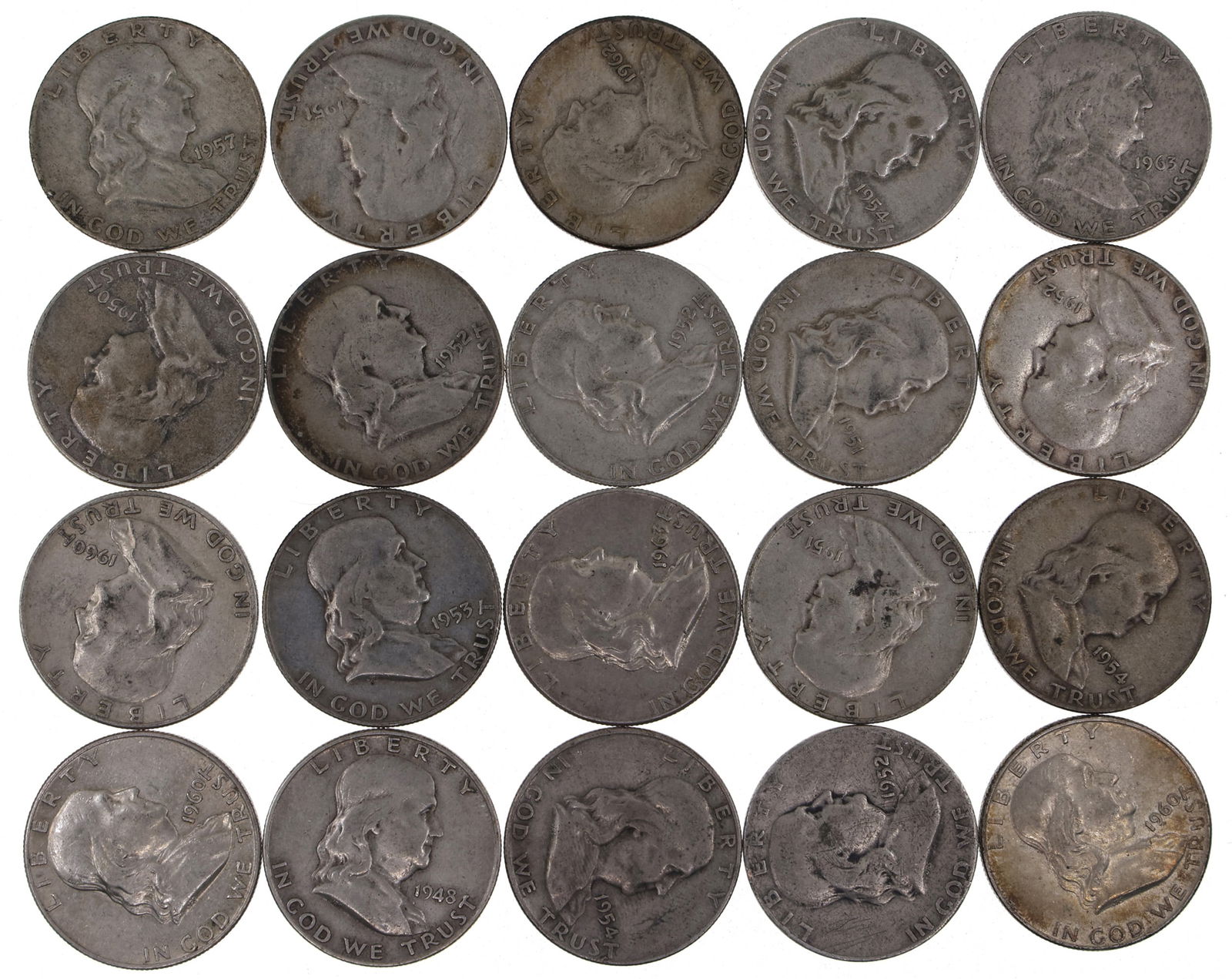 1948-1963 US SILVER FRANKLIN HALF DOLLARS - $10 FACE (1 of 2)