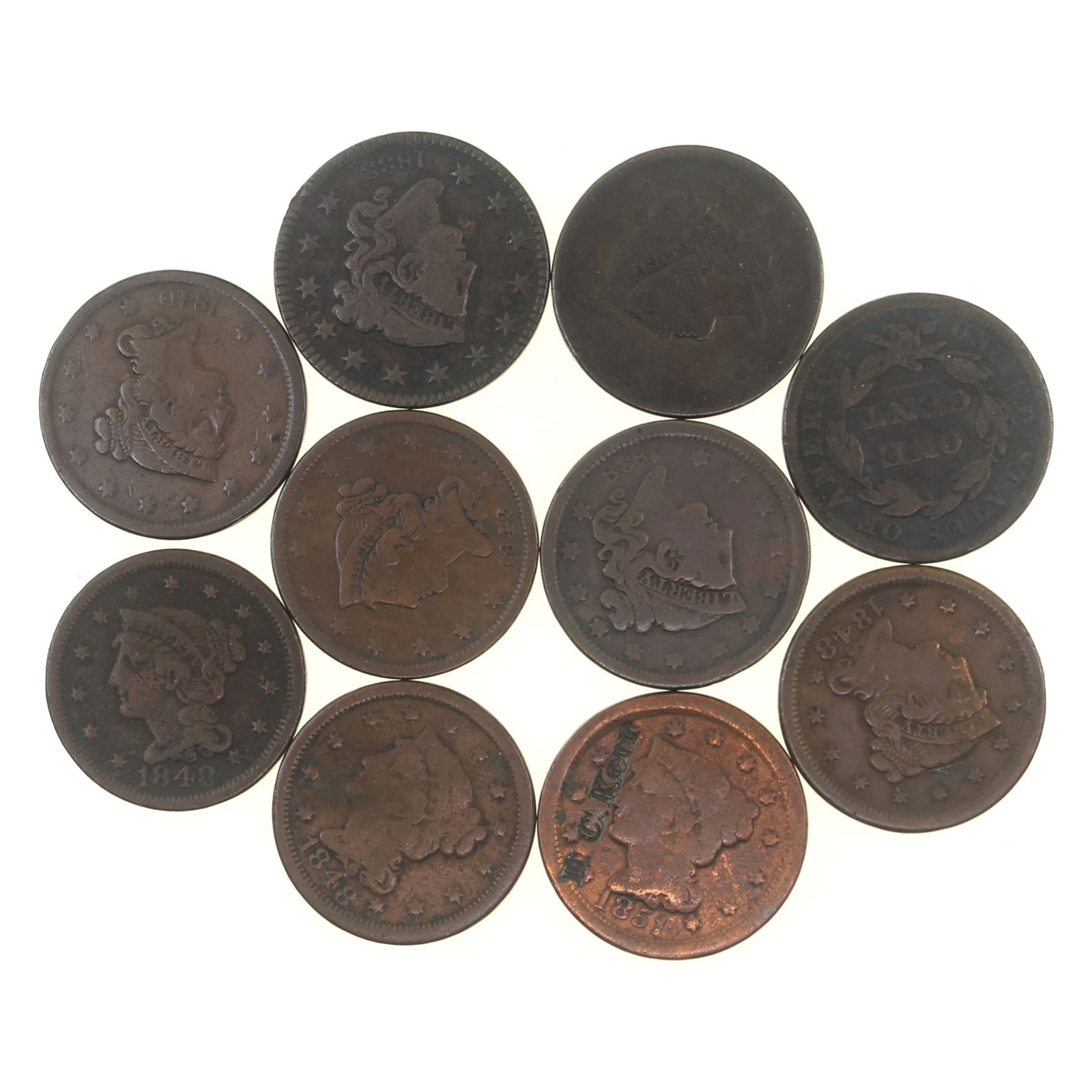 1833-1851 US BRAIDED HAIR COPPER LARGE CENTS (1 of 2)