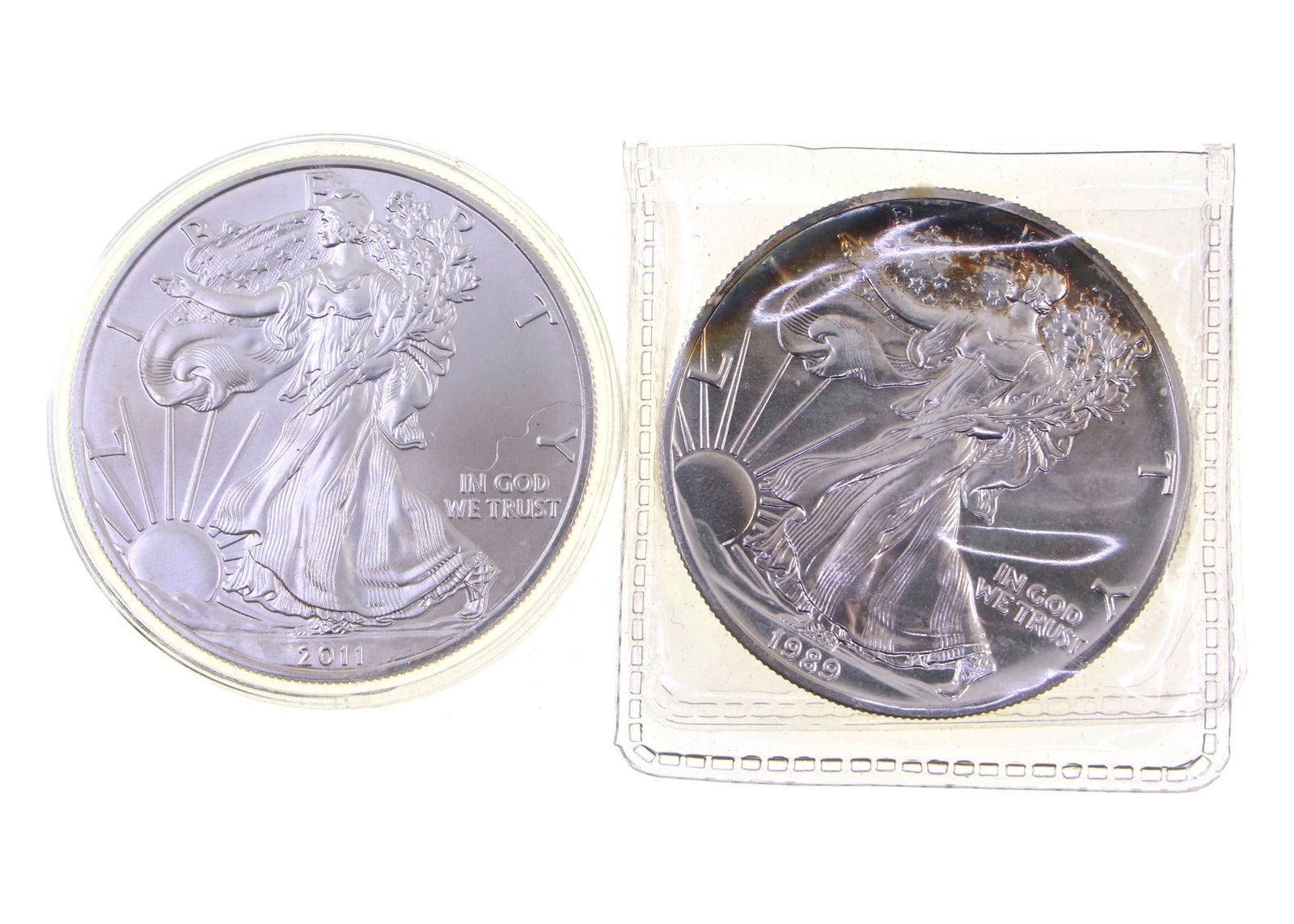 AMERICAN EAGLE 1OZ FINE SILVER $1 COINS 1989 & 2011 (1 of 5)