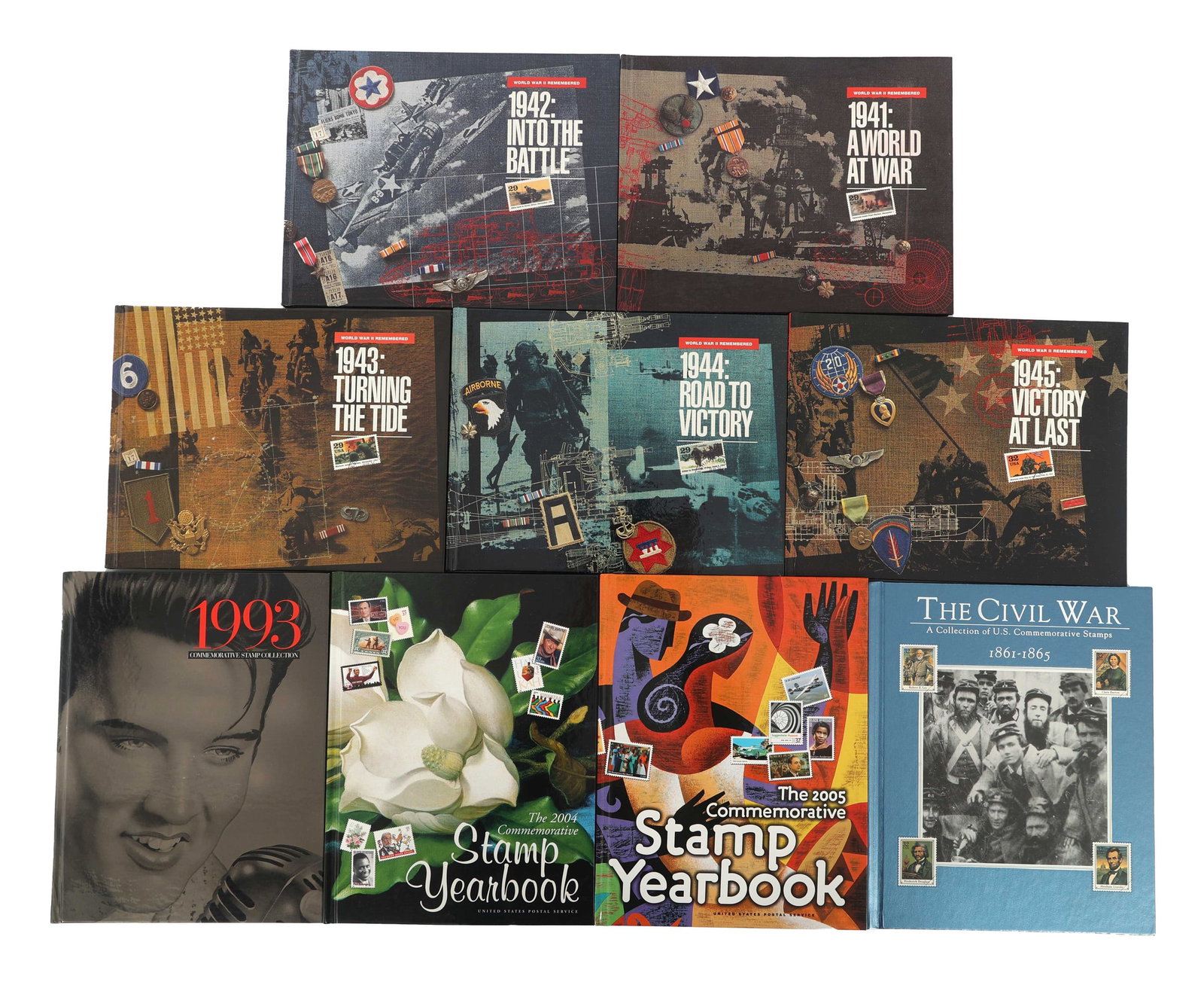 COMMEMORATIVE STAMP COLLECTION BOOKS: COMMEMORATIVE STAMP COLLECTION BOOKS (9) Commemorative Stamp Collection Books: 1941 A World At War 1942 Into The Battle 1943 Turning The Tide 1944 Road To Victory 1945