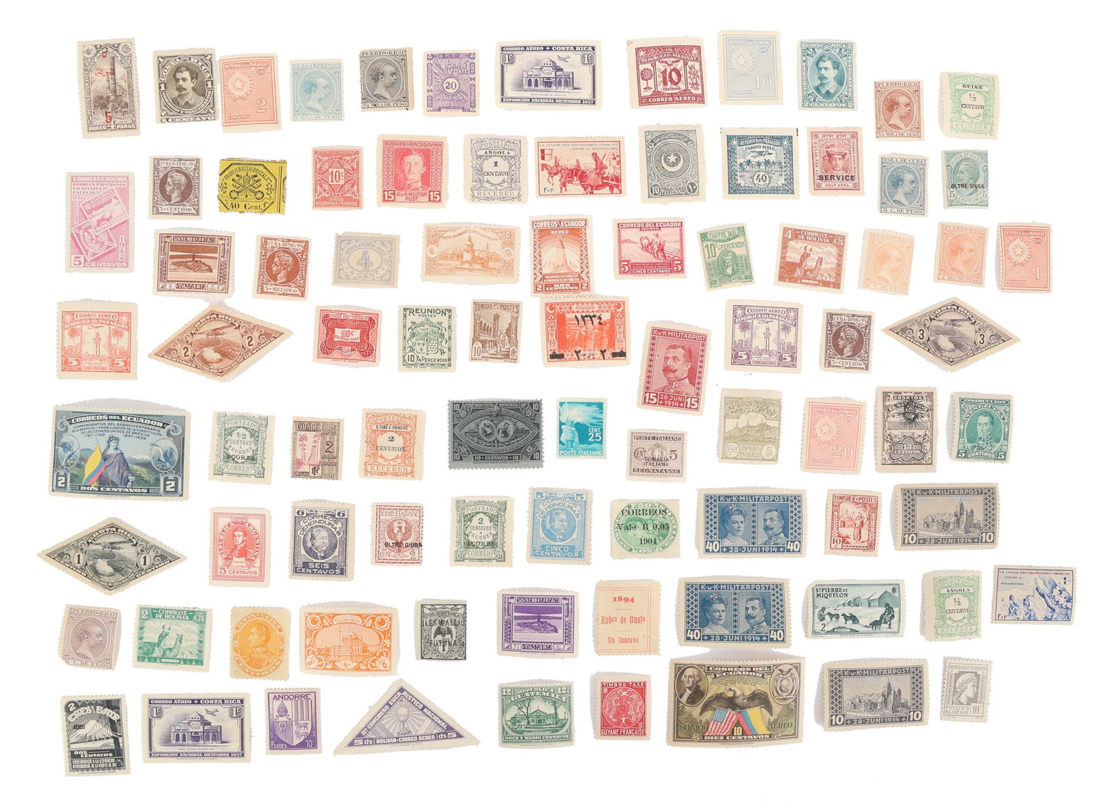 INTERNATIONAL POSTAGE STAMPS: INTERNATIONAL POSTAGE STAMPS Over 70 International Loose Postage Stamps. None are used or cancelled. Countries include Ecuador, Costa Rica, Puerto Rico, Bolivia, Paraguay, El Salvador, Venzuela, and m