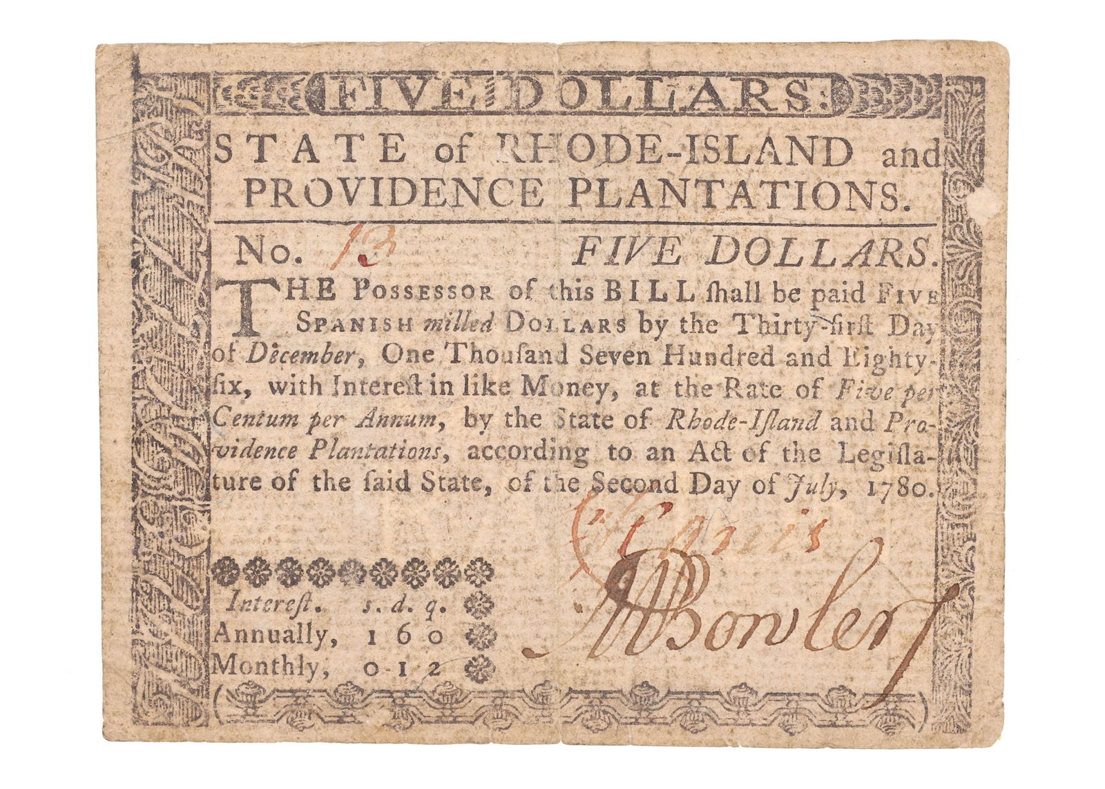 1780 STATE OF RHODE ISLAND COLONIAL NOTE $5 NO. 13 (1 of 2)
