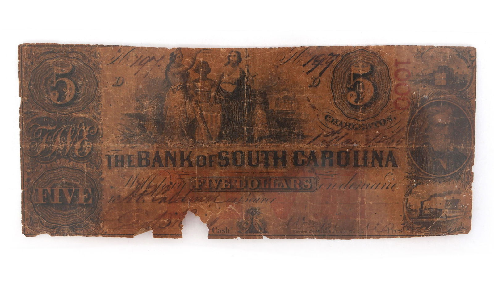 OBSOLETE 19TH C. SOUTH CAROLINA $5 BANK NOTE (1 of 2)