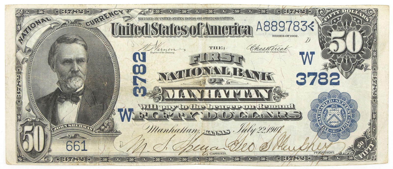 1902 US $50 BLUE SEAL NATIONAL CURRENCY NOTE (1 of 2)