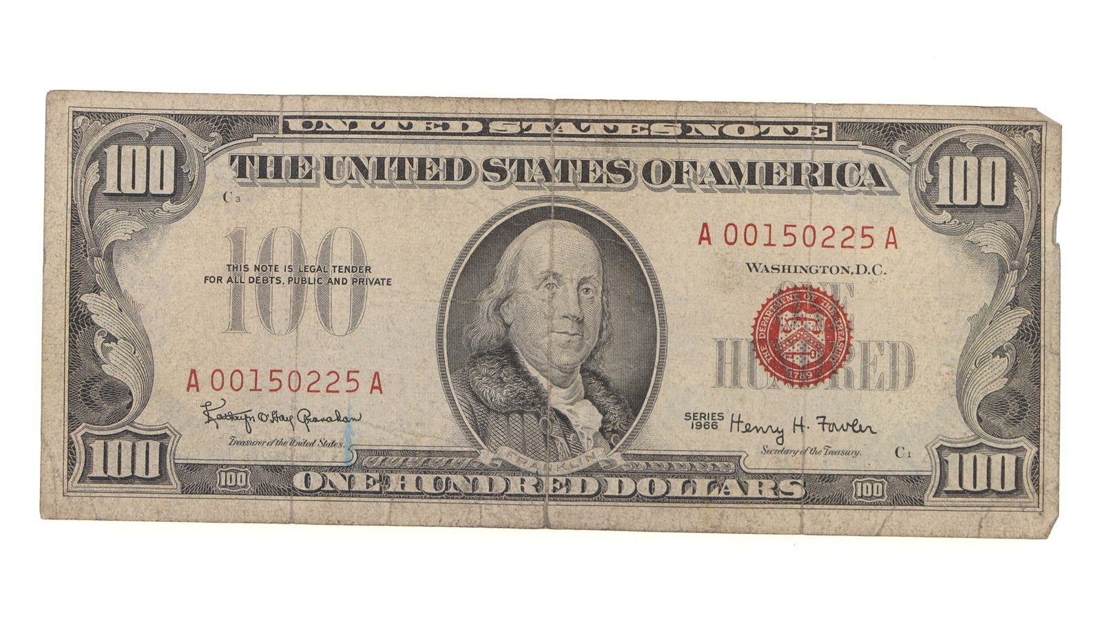 1966 US RED SEAL 100 DOLLAR NOTE (1 of 2)