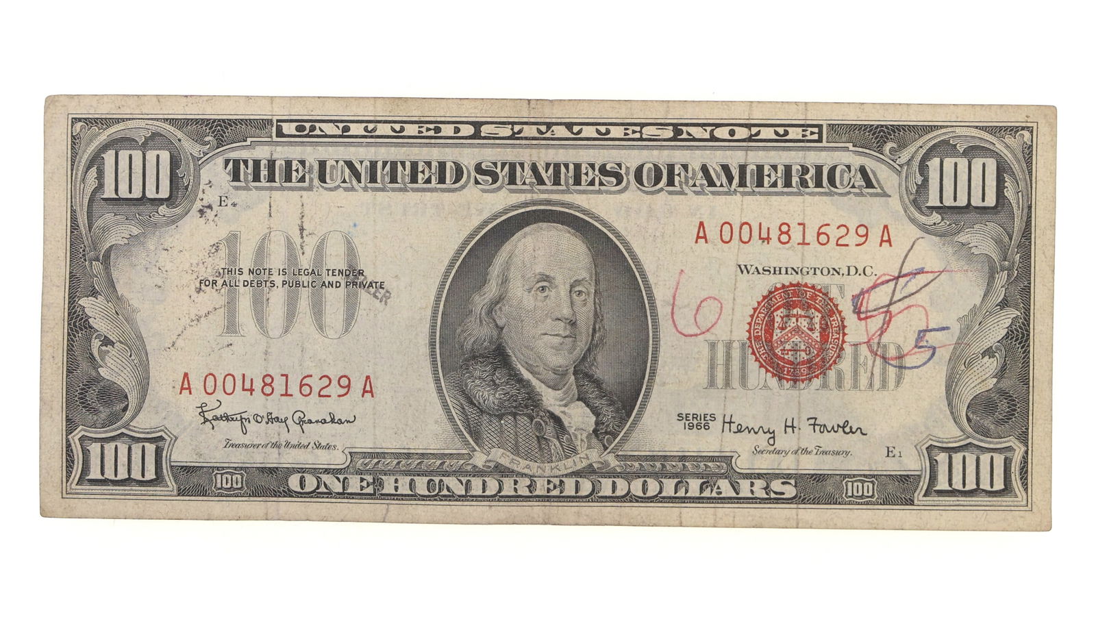 1966 US RED SEAL 100 DOLLAR NOTE (1 of 2)