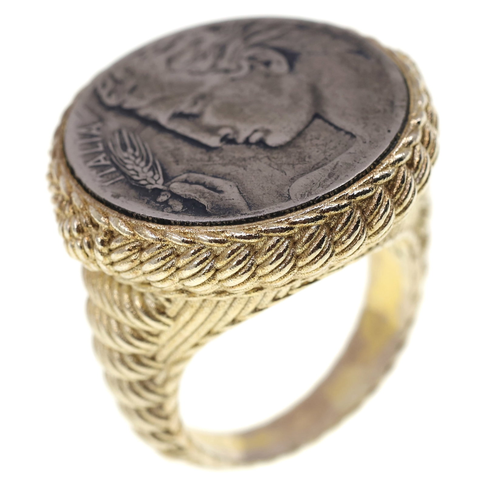 STERLING SILVER VERMEIL JUDITH RIPKA VERONA COIN RING: STERLING SILVER VERMEIL JUDITH RIPKA VERONA COIN RING Sterling silver vermeil Judith Ripka Verona coin ring with an Italian 1902 20 lira. Stamped to the interior of the shank. Size: 8
