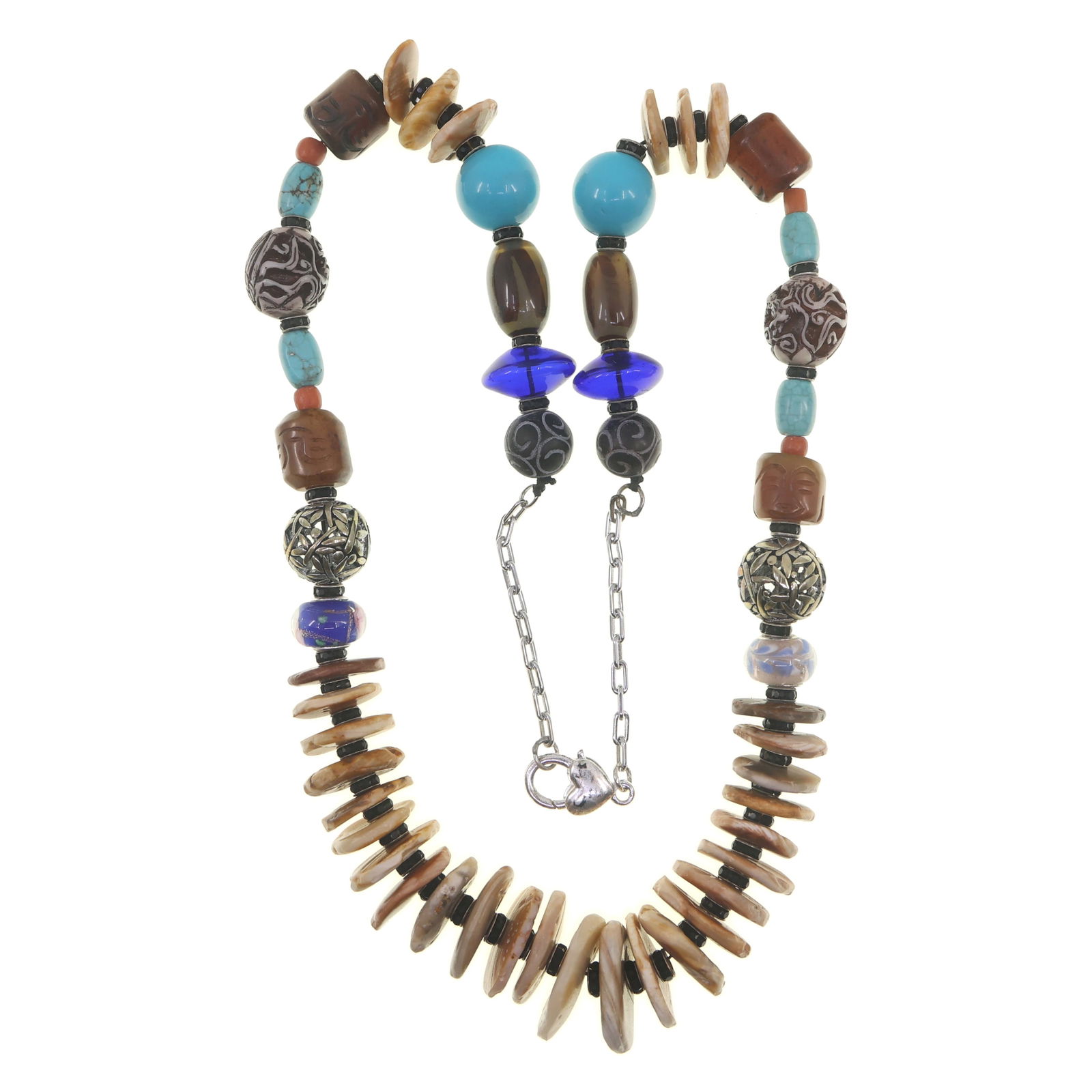 STERLING SILVER BEADED & SHELL FASHION NECKLACE: STERLING SILVER BEADED & SHELL FASHION NECKLACE Women's sterling silver beaded & shell fashion necklace Size: 28" Weight: 181g