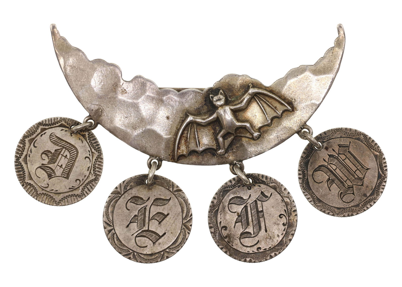 .925 &.900 SILVER VICTORIAN MOON & BAT 10C TOKEN BROOCH (1 of 6)