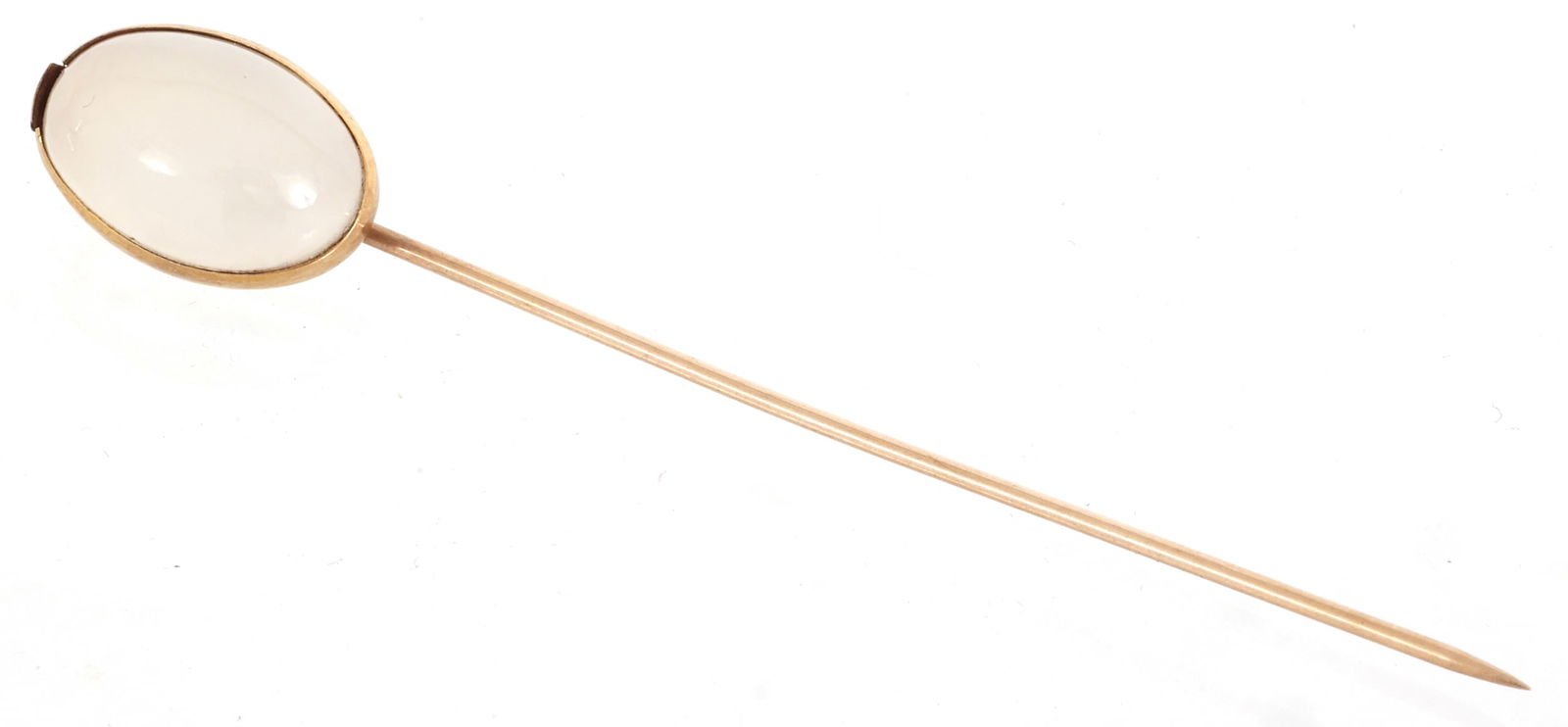 10K YELLOW GOLD MOONSTONE STICK PIN: 10K YELLOW GOLD MOONSTONE STICK PIN 10K yellow gold stick pin with an oval cut cabochon moonstone, 9.5 x 14.5mm. Size: 3" Weight: 2g