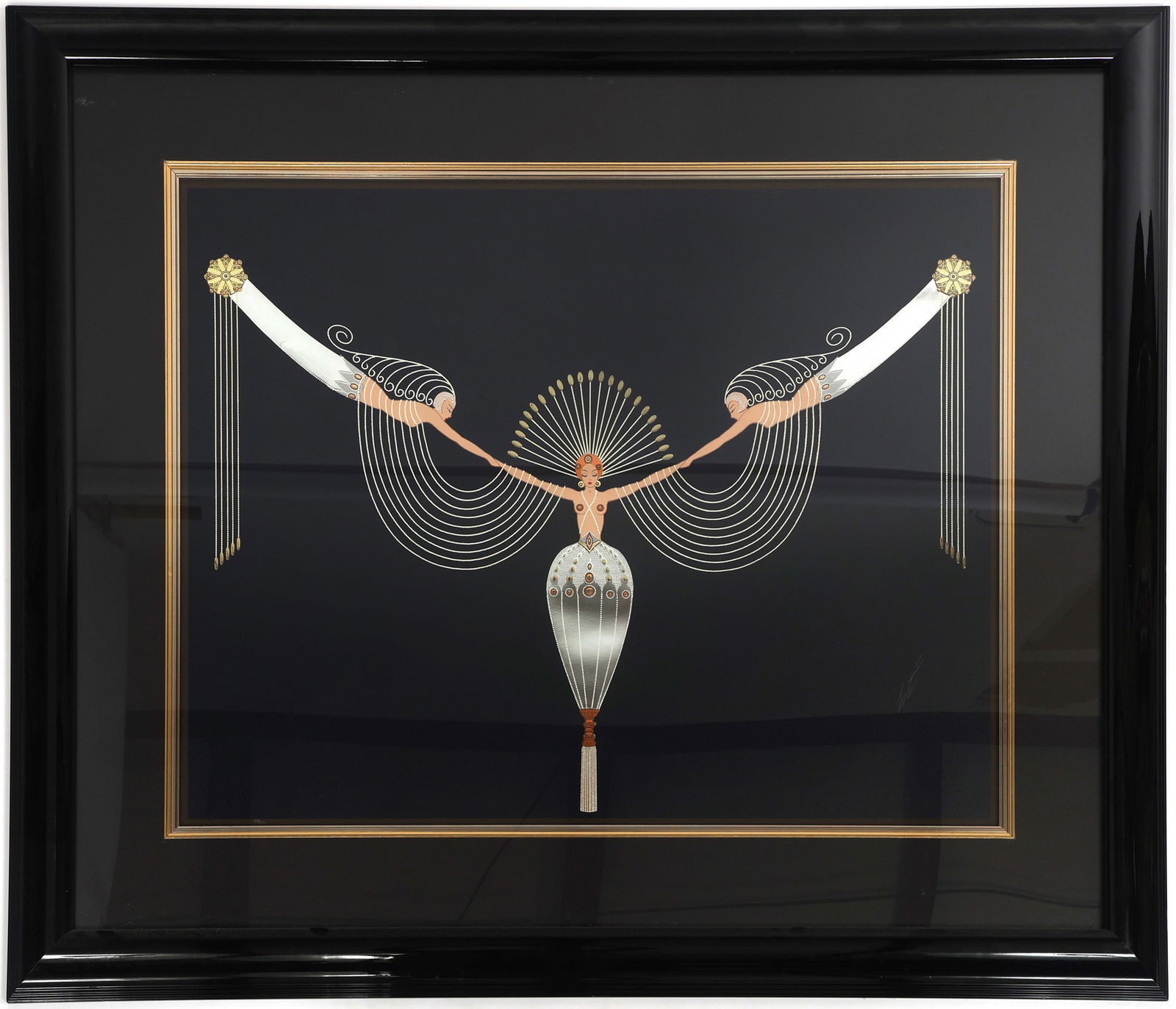 ERTE 'THE NECKLACE' SERIGRAPH #CII/CCL: ERTE 'THE NECKLACE' SERIGRAPH #CII/CCL Erté (Russian-French, 1892-1990) serigraph, titled "The Necklace". #CII/CCL (102/250). Set under plexiglass in a black frame. Includes certificate of