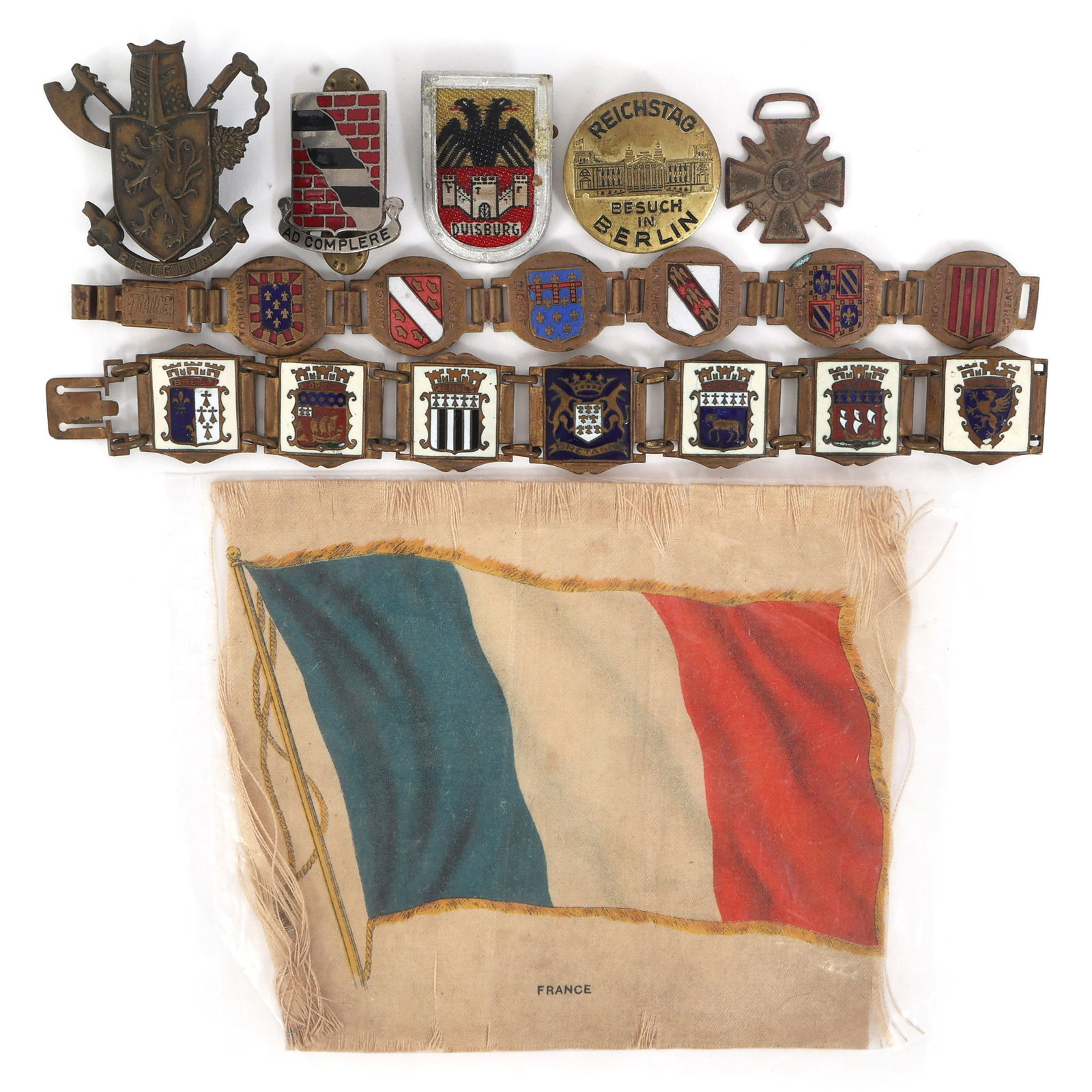 20TH CENTURY INTERNATIONAL TRAVEL / MILITARY SOUVENIRS: 20TH CENTURY INTERNATIONAL TRAVEL / MILITARY SOUVENIRS 20th Century international travel / military souvenirs: (2) Coat of Arms enamel panel bracelets (6.75") 463rd Engineer Battalion Army Unit crest 