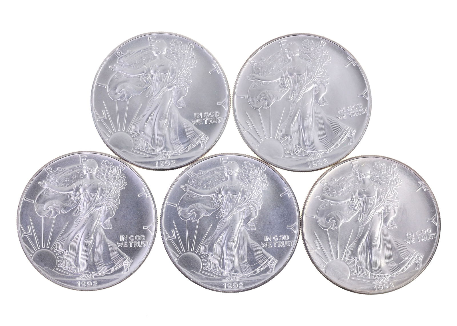 1992 US .999 SILVER EAGLE $1 UNC COINS - LOT OF 5: IMPORTANT SHIPPING NOTE - PLEASE READ | LiveAuctioneers "LiveShipping" Is Unreasonable & Costly: LiveAuctioneers now requires all auctioneers to offer their "LiveShipping" service. Auctioneers no long