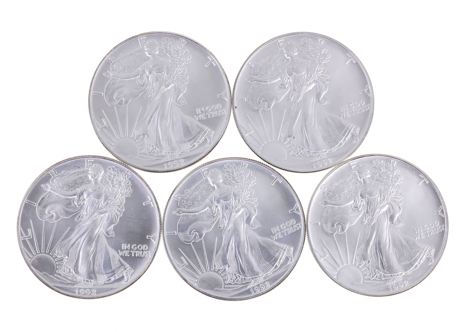 1992 US .999 SILVER EAGLE $1 UNC COINS - LOT OF 5: IMPORTANT SHIPPING NOTE - PLEASE READ | LiveAuctioneers "LiveShipping" Is Unreasonable & Costly: LiveAuctioneers now requires all auctioneers to offer their "LiveShipping" service. Auctioneers no