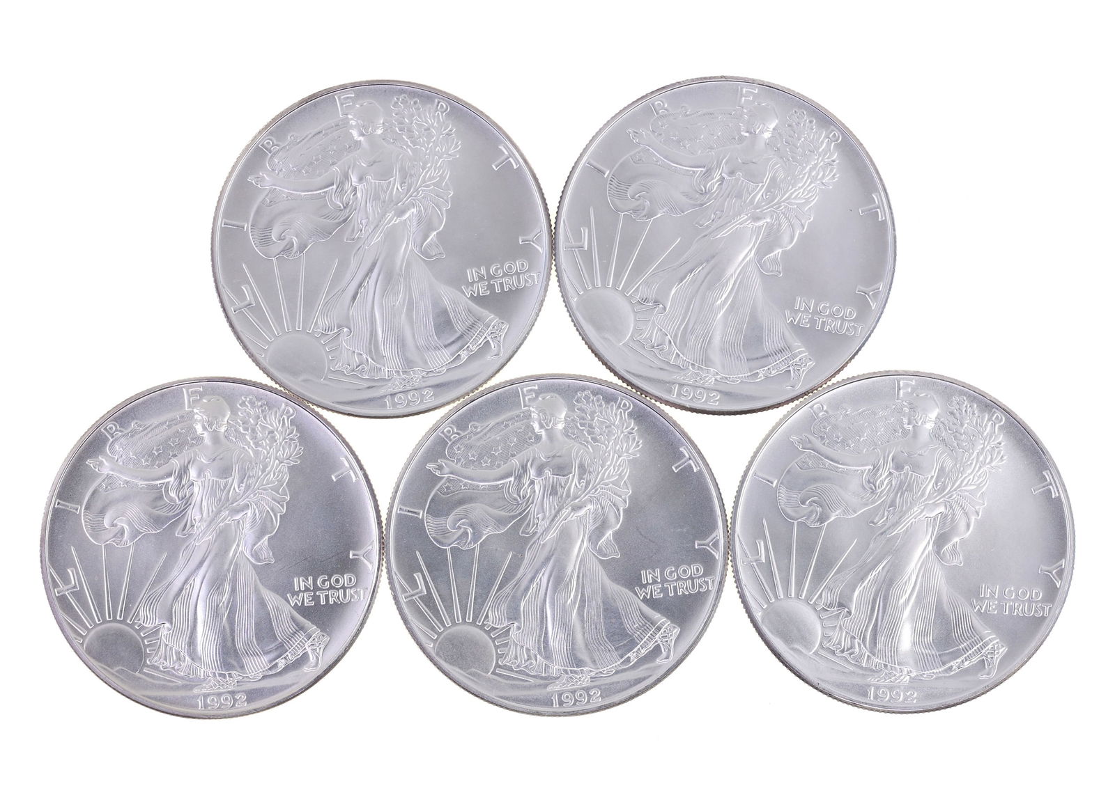 1992 US .999 SILVER EAGLE $1 UNC COINS - LOT OF 5: IMPORTANT SHIPPING NOTE - PLEASE READ | LiveAuctioneers "LiveShipping" Is Unreasonable & Costly: LiveAuctioneers now requires all auctioneers to offer their "LiveShipping" service. Auctioneers no long