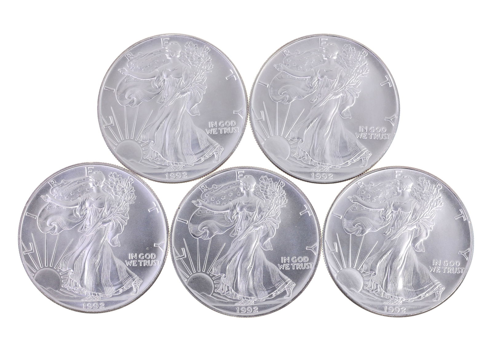 1992 US .999 SILVER EAGLE $1 UNC COINS - LOT OF 5: IMPORTANT SHIPPING NOTE - PLEASE READ | LiveAuctioneers "LiveShipping" Is Unreasonable & Costly: LiveAuctioneers now requires all auctioneers to offer their "LiveShipping" service. Auctioneers no long