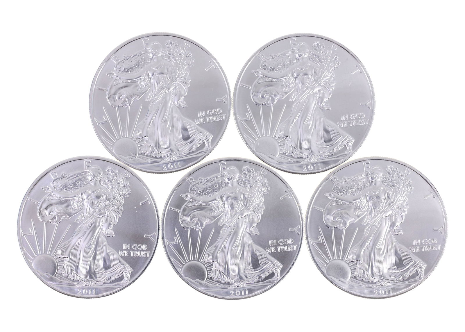 2011 US .999 SILVER EAGLE $1 UNC COINS - LOT OF 5: IMPORTANT SHIPPING NOTE - PLEASE READ | LiveAuctioneers "LiveShipping" Is Unreasonable & Costly: LiveAuctioneers now requires all auctioneers to offer their "LiveShipping" service. Auctioneers no long