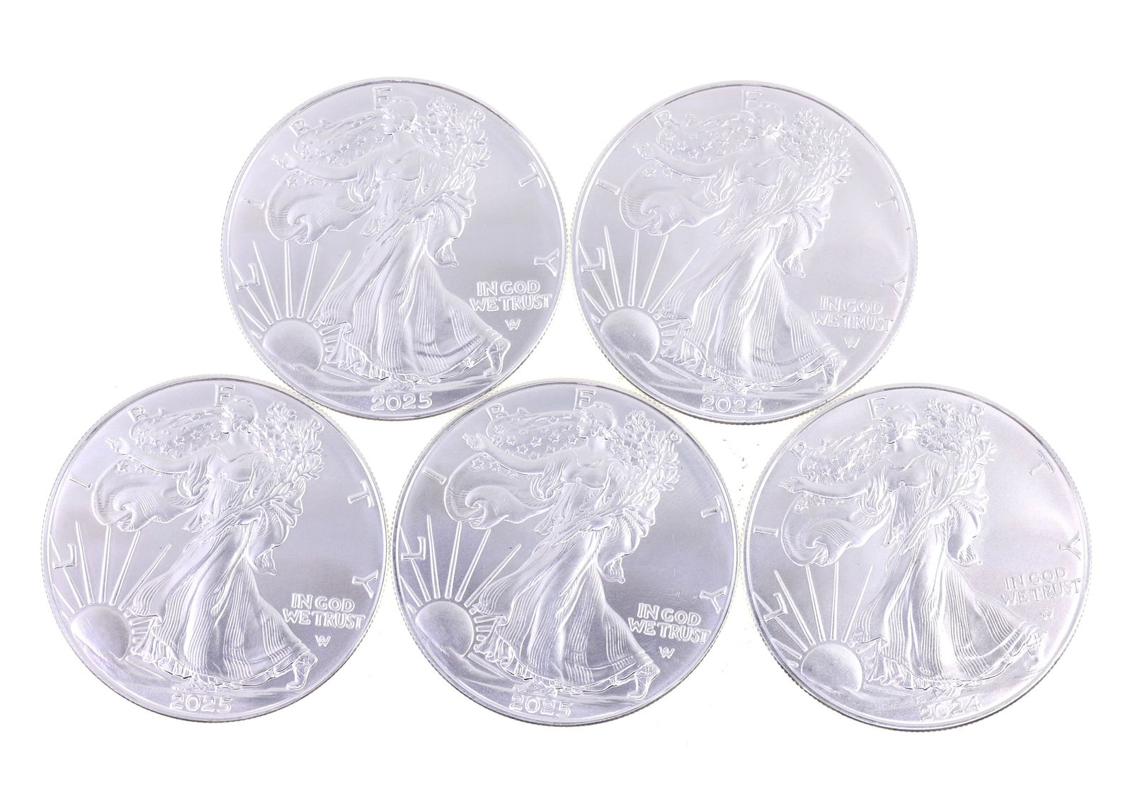 2024 & 2025 US SILVER EAGLE $1 UNC COINS - LOT OF 5: IMPORTANT SHIPPING NOTE - PLEASE READ | LiveAuctioneers "LiveShipping" Is Unreasonable & Costly: LiveAuctioneers now requires all auctioneers to offer their "LiveShipping" service. Auctioneers no long
