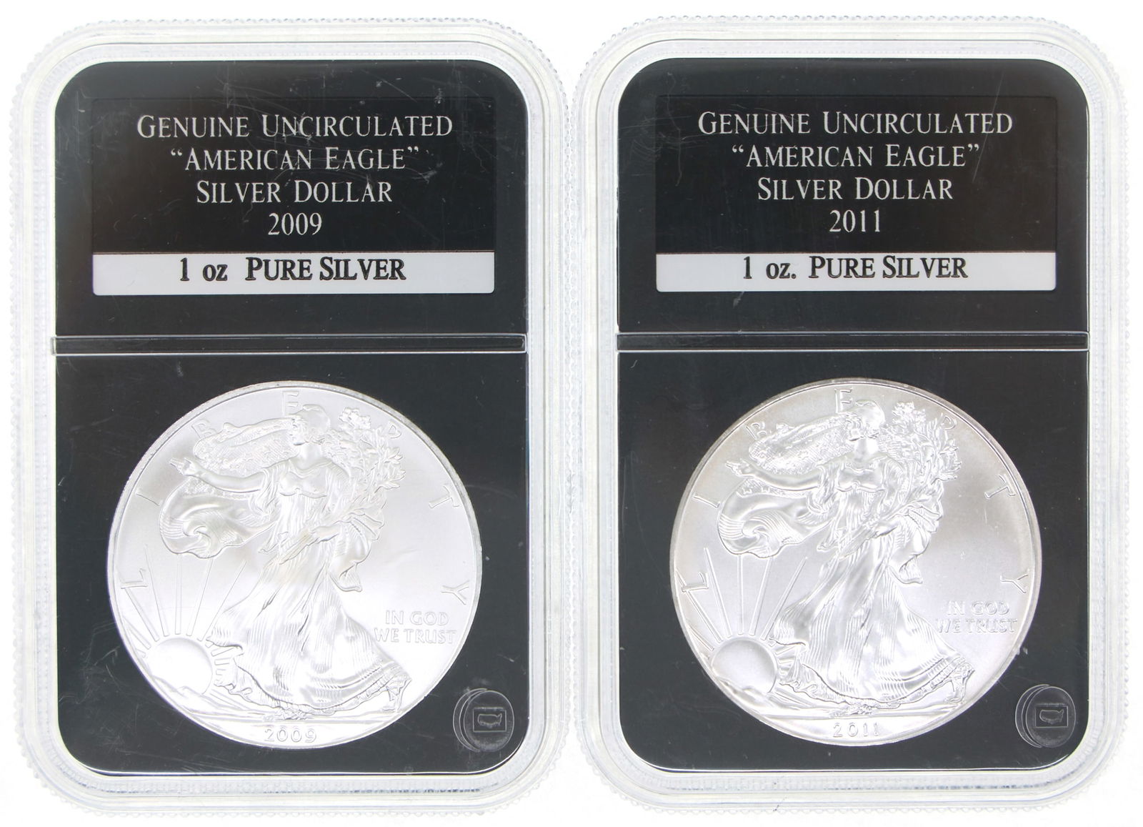 2009 & 2011 US .999 SILVER EAGLE $1 COINS - ENCASED (1 of 2)