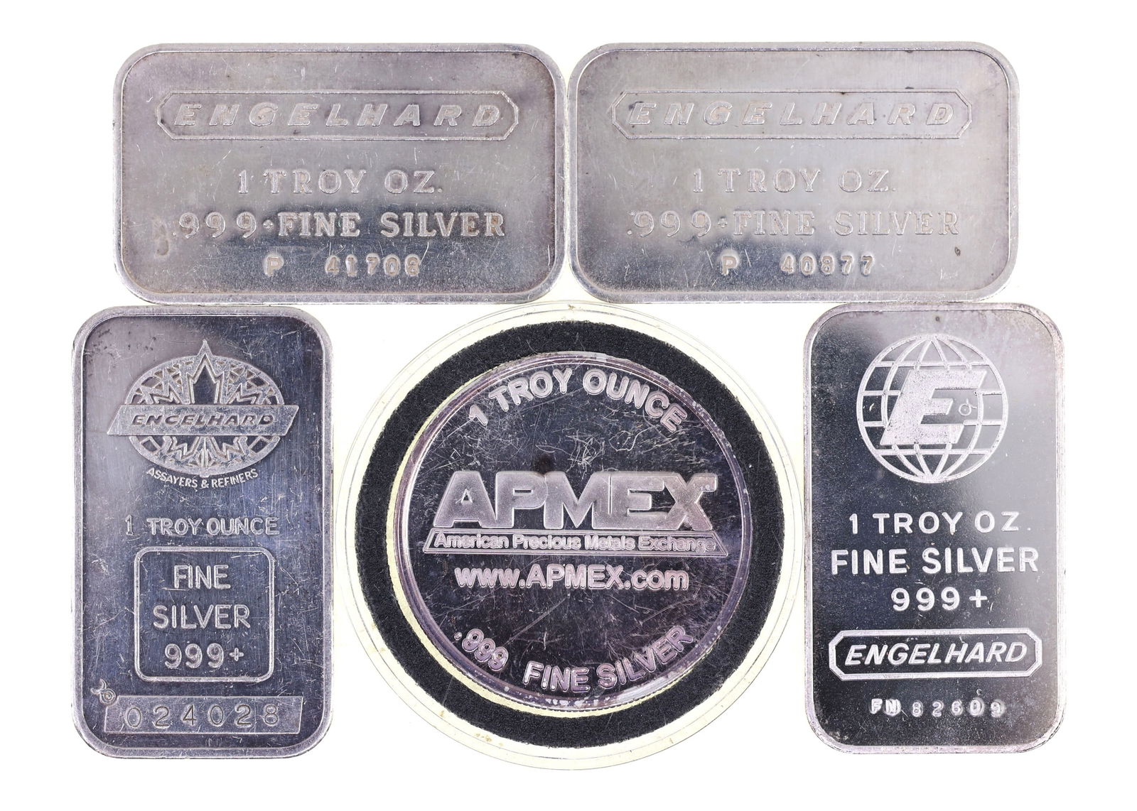 .999 FINE SILVER 1 OZ BULLION BARS & ROUND - LOT OF 5 (1 of 2)