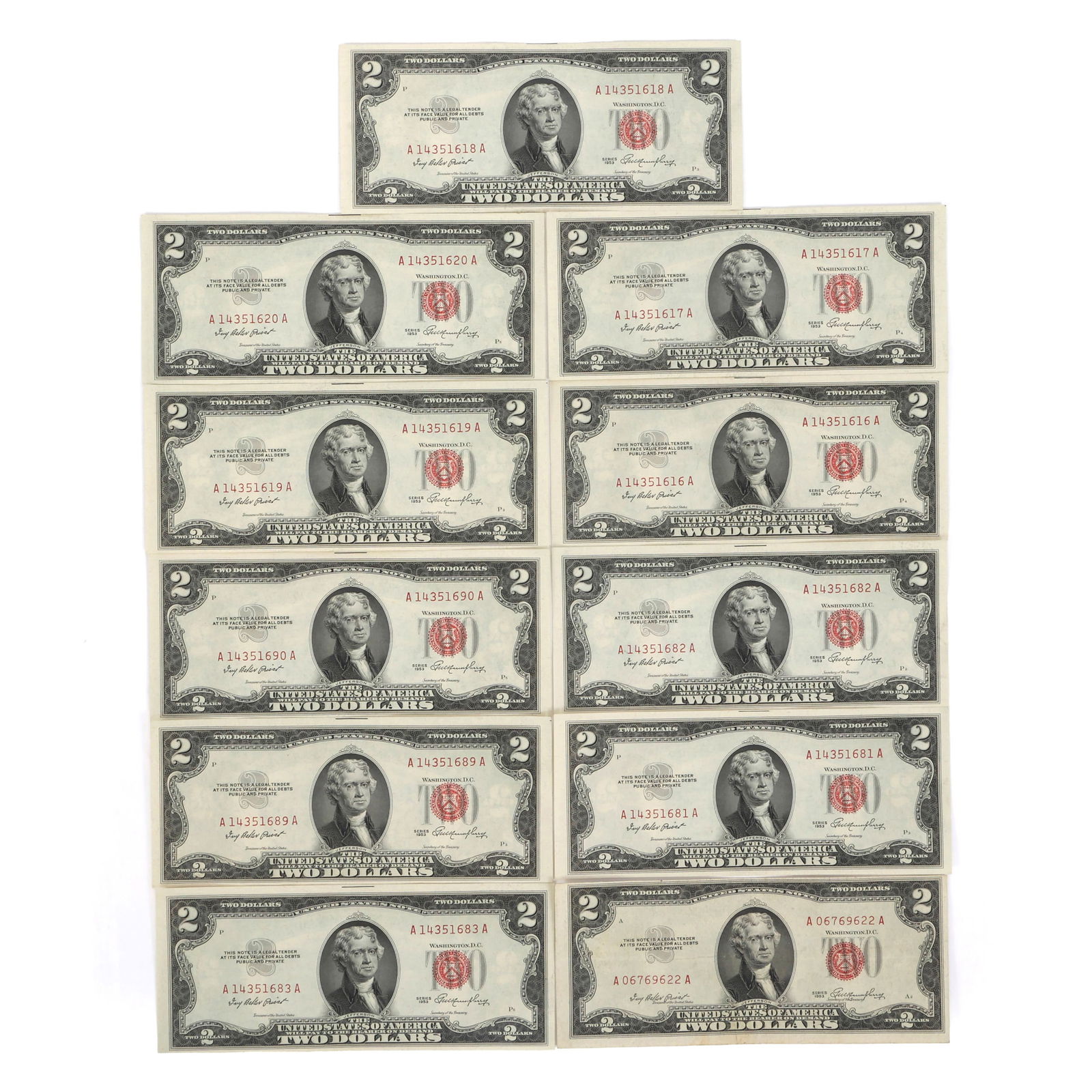 1953 US $2 RED SEAL BANK NOTES - PARTIALLY SEQUENTIAL (1 of 2)